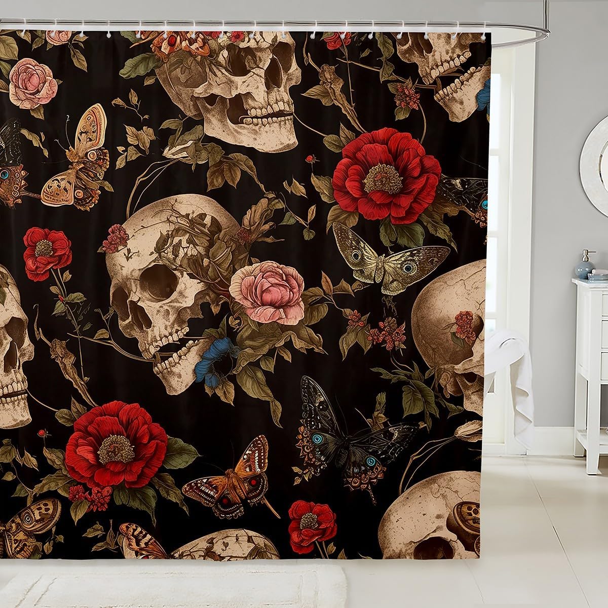 Feelyou Sugar Skull Rose Shower Curtain Set 72x72 Death Moth Gothic Floral Bath Curtain