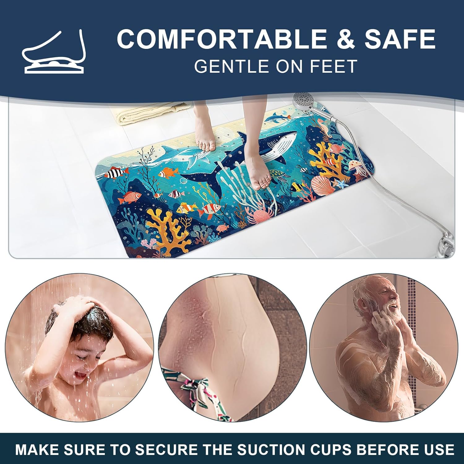 XIYUNTE Kids Bath Mat - 40x16 Non Slip with Suction Cups and Drain Holes