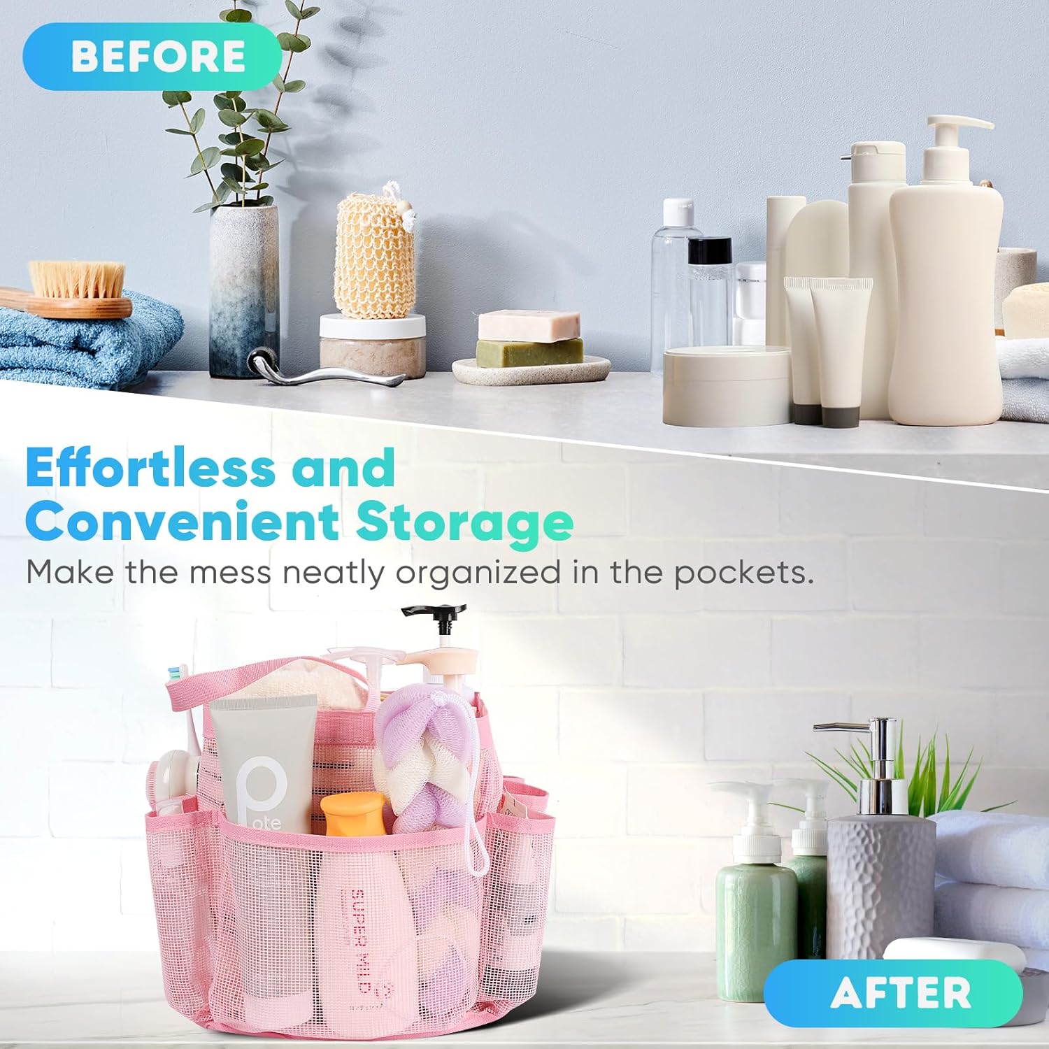 EUDELE Portable Shower Caddy with 8-Pocket Large Capacity - Pink