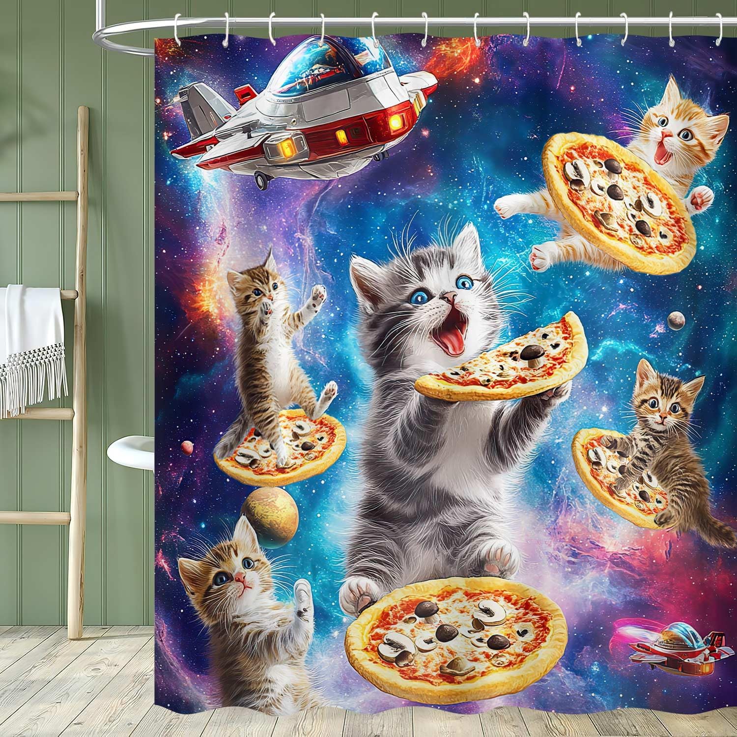 Funny Galaxy Space Cat Pizza Shower Curtain 72x72