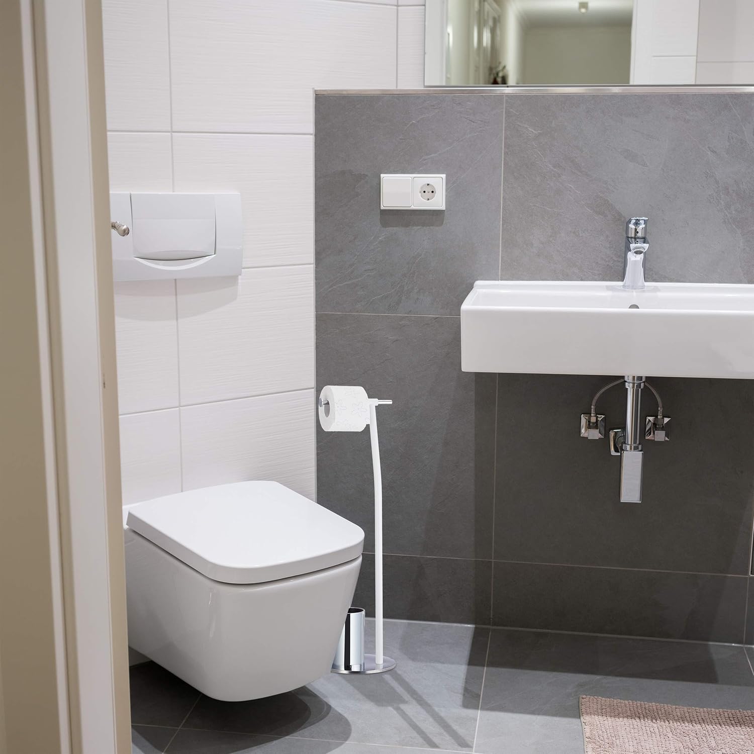 Toilet Brush Holder with Roll Holder - Modern WhiteChrome
