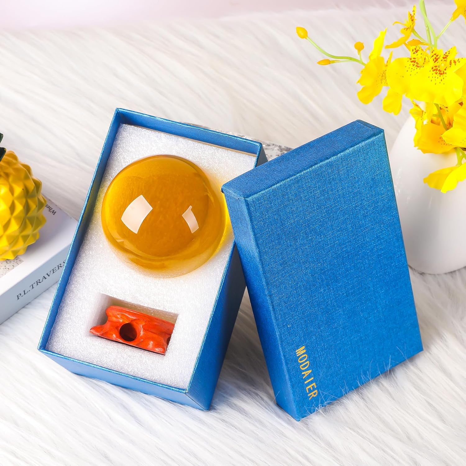 Yellow Crystal Ball 100mm with Rose Stand and Gift Box