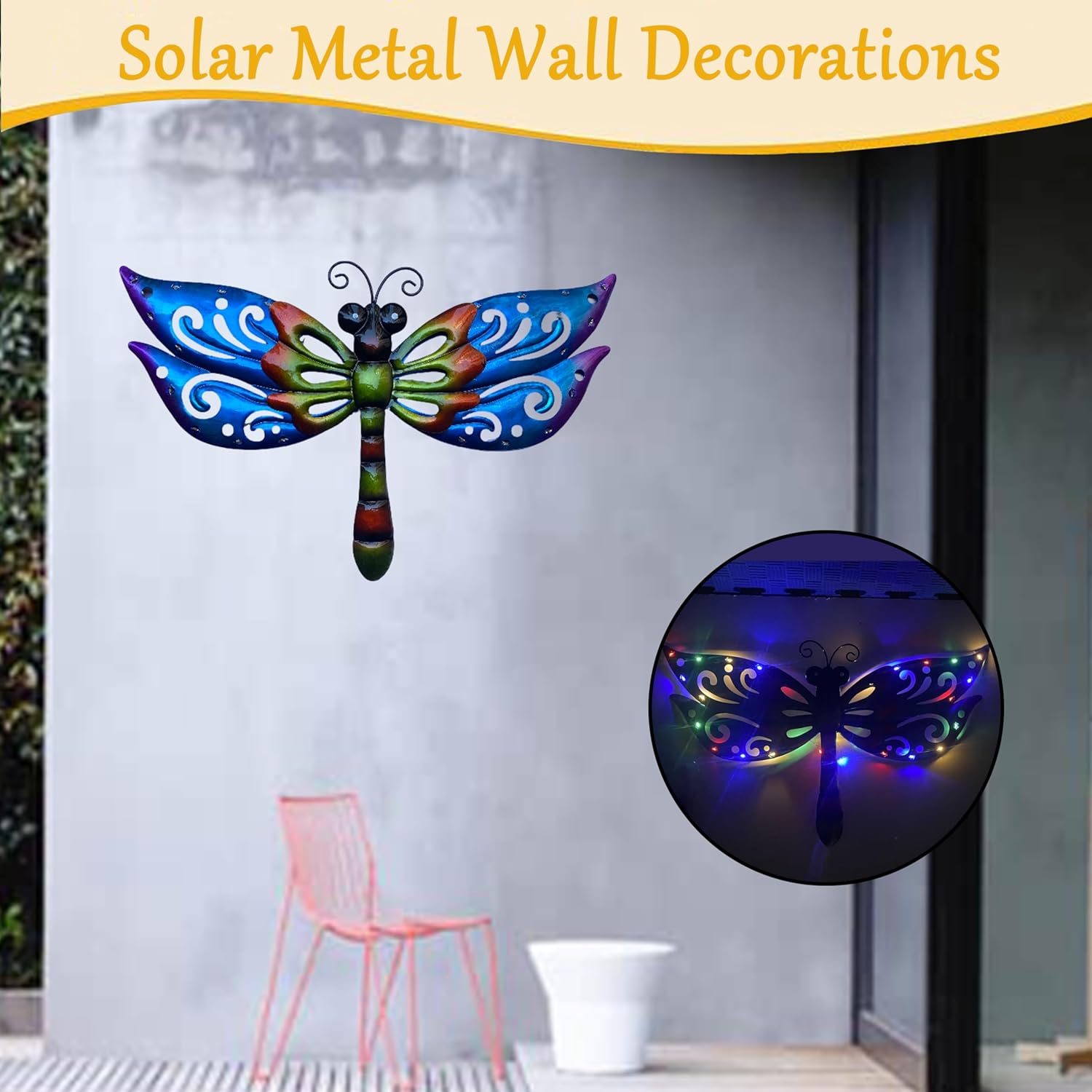 WAIU 20 Inch Solar Metal Dragonfly Wall Light - Blue