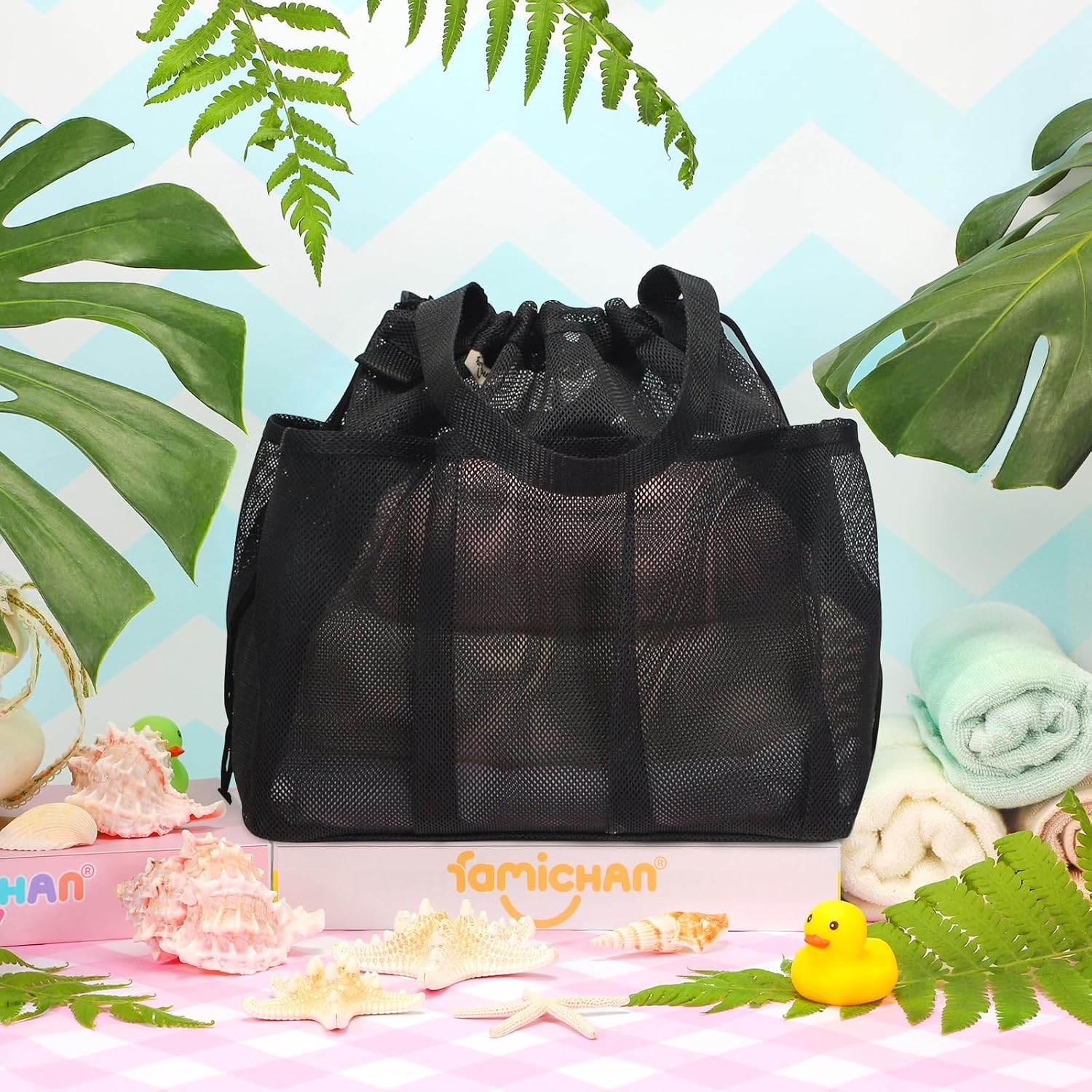 Famichan Mesh Shower Caddy Portable with Drawstring - Black