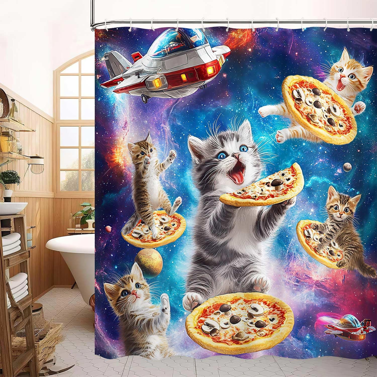 Funny Galaxy Space Cat Pizza Shower Curtain 72x72