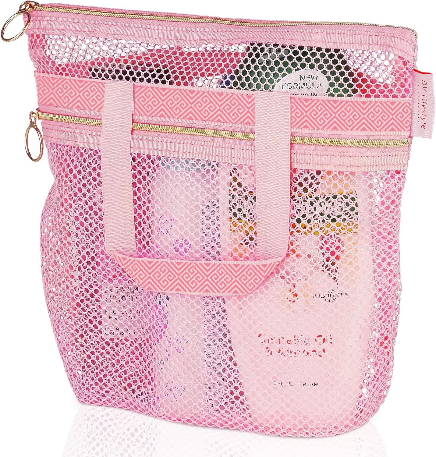 DV Lifestyle Quick-Dry Mesh Shower Bag with Zipper 2 Pockets Pink