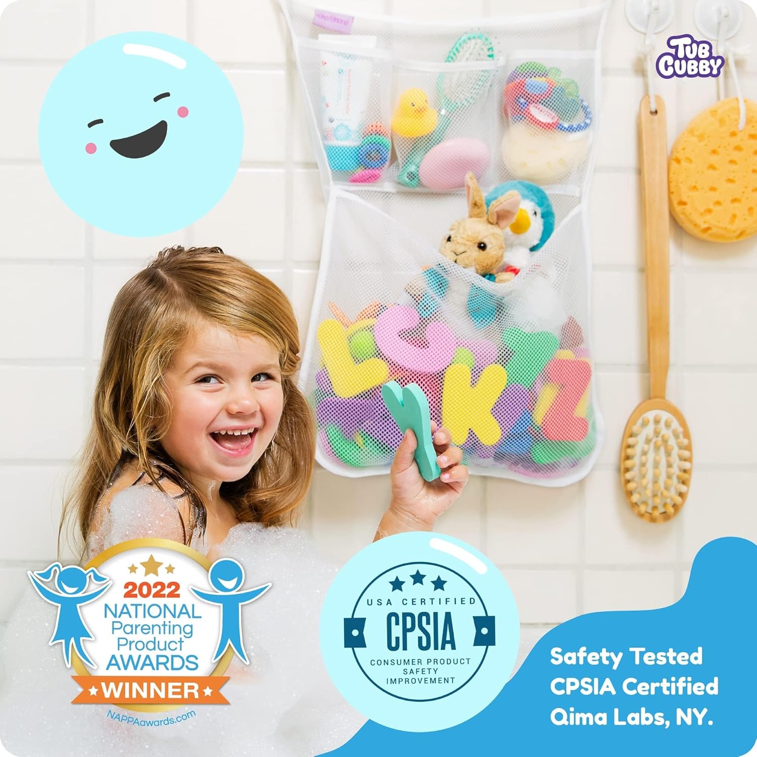 Tub Cubby Bath Toy Storage Organizer - 14x20 Mesh Caddy with Hooks Suction Cup