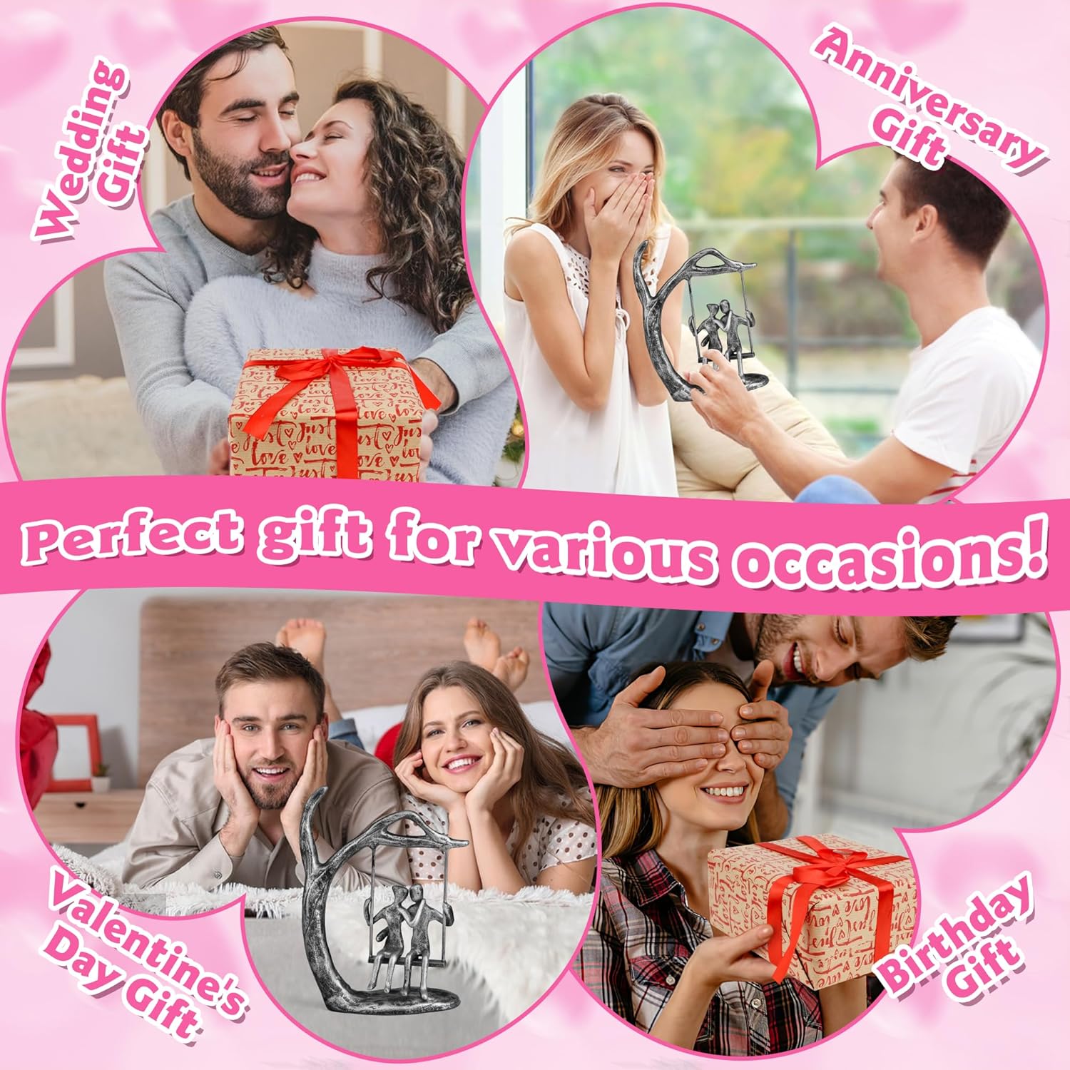 Romantic Couple Statue with Silver Finish Iron Sculpture Pink Love Keepsake Gift Set