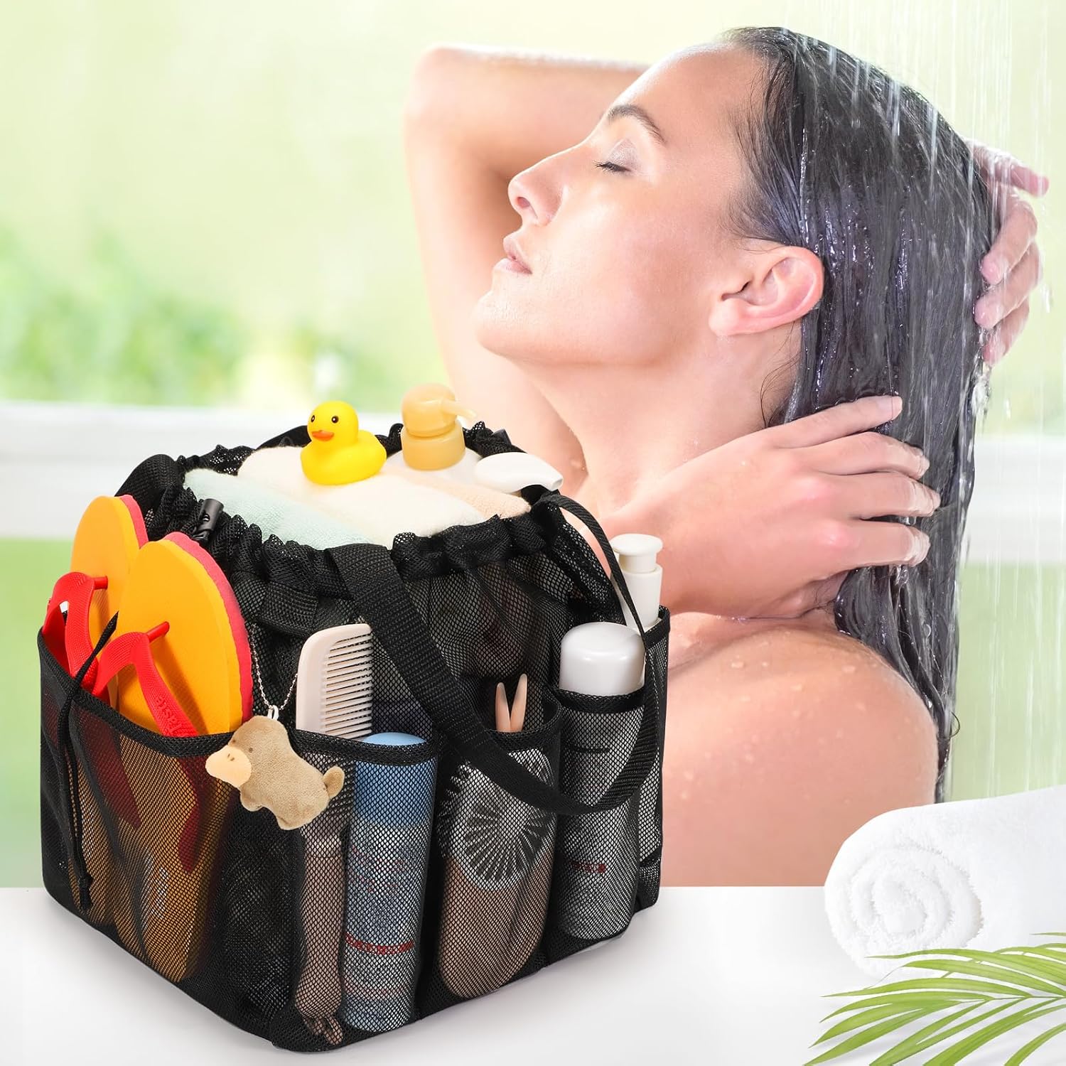 Famichan Mesh Shower Caddy Portable with Drawstring - Black