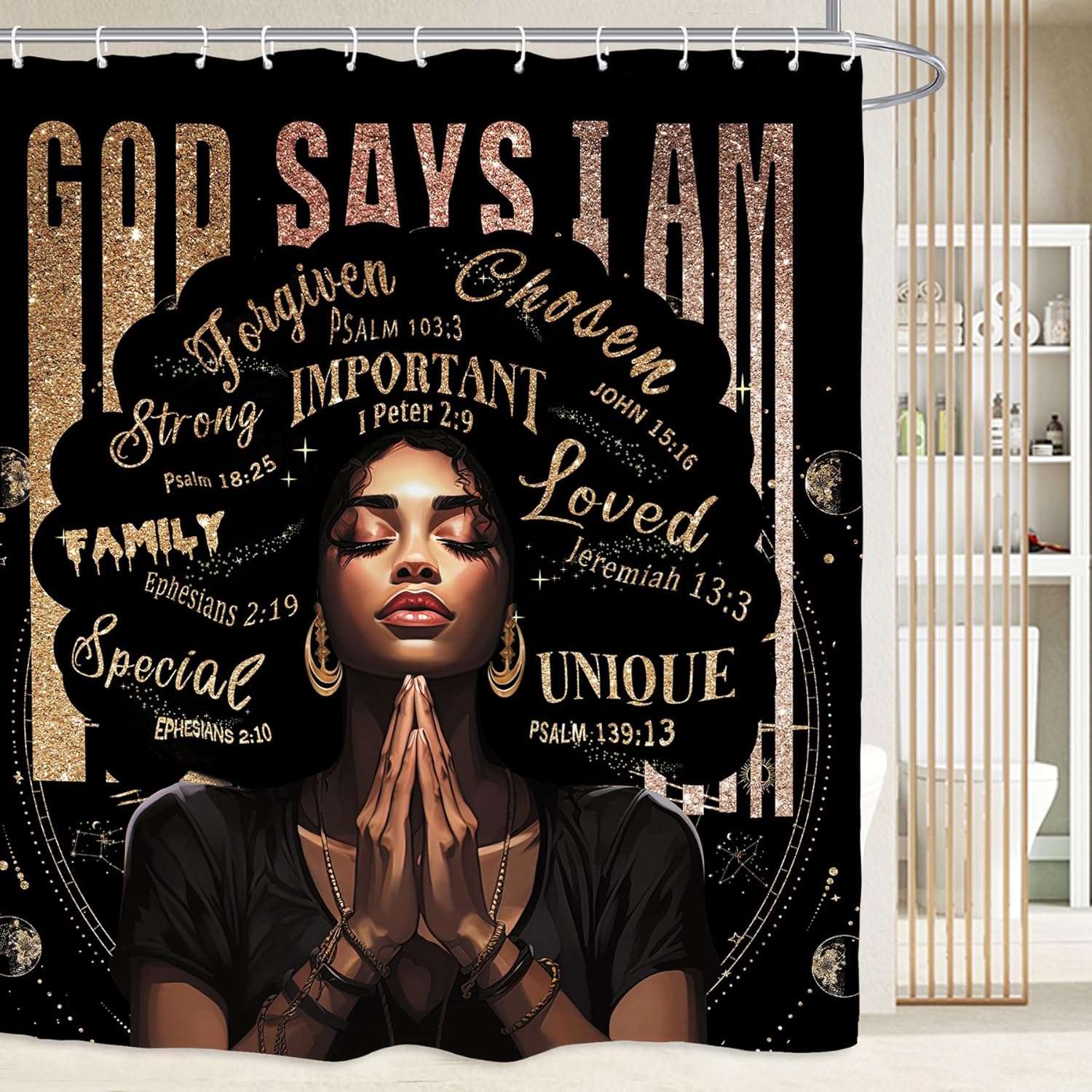 Kalmico African American Shower Curtain Set - Black Bible Quotes Motivational