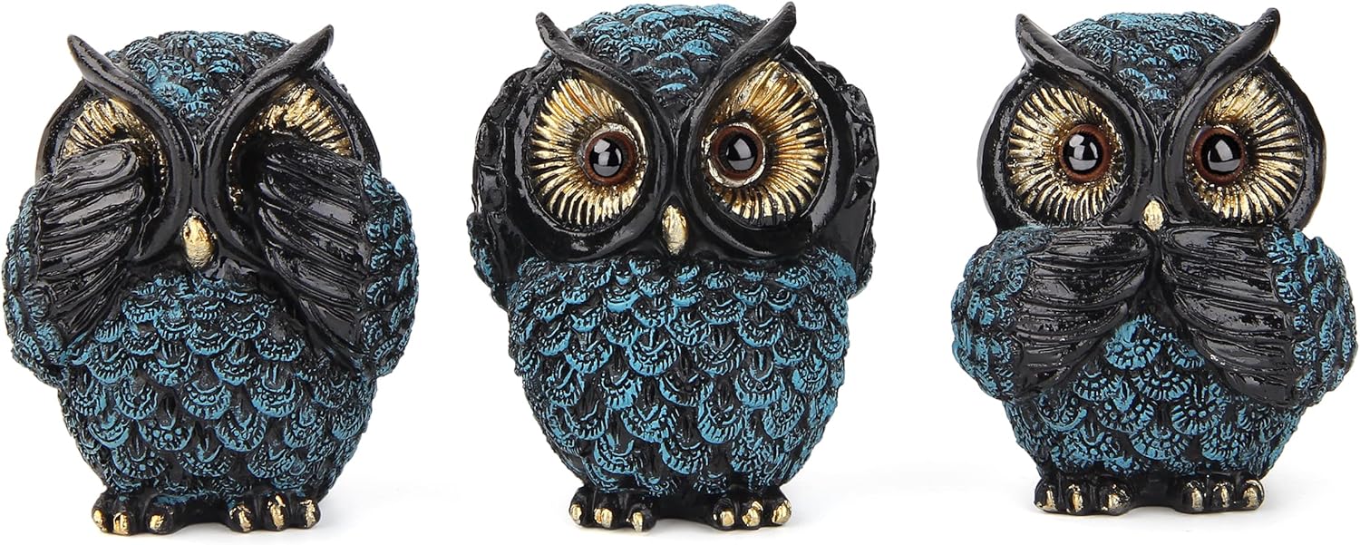3 Wise Owl Statues for Shelf Decor Retro Boho Designs