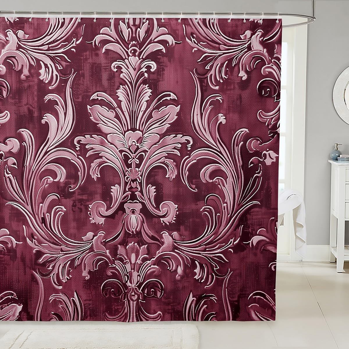 Jejeloiu Red Damask Shower Curtain Set