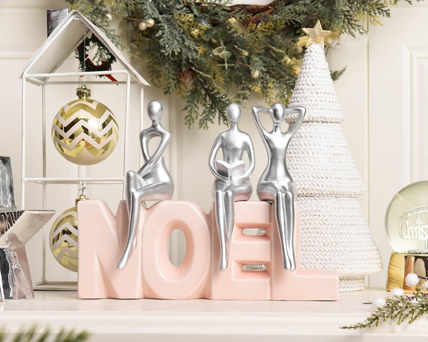 Quoowiit 3-Piece Thinker Statue Silver Sculpture Desk Decor