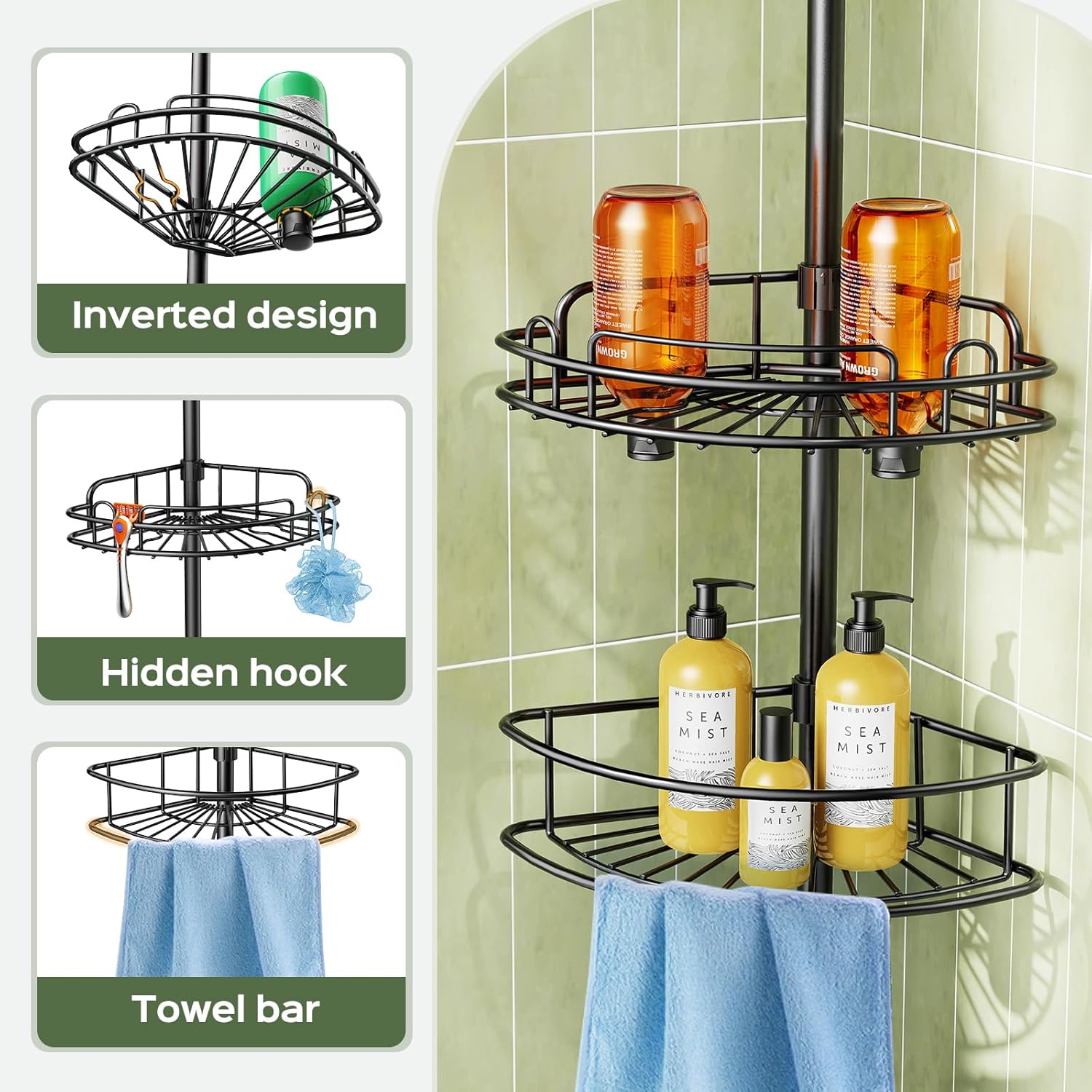 HAMITOR Corner Shower Caddy Tension Pole - 4-Tier Adjustable Rust-Resistant Organizer