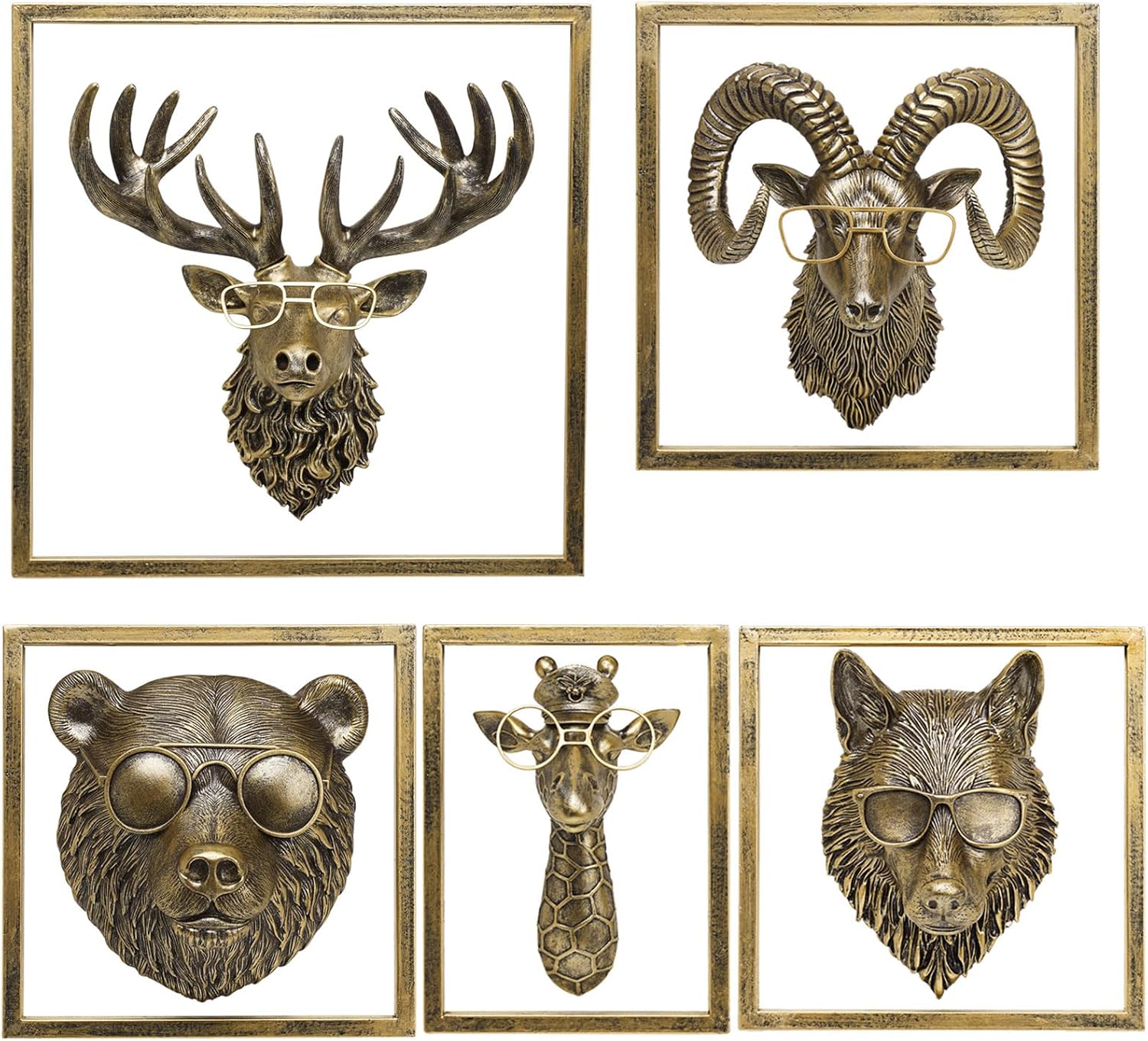 JJALIGHTS 5Pcs Resin Animal Heads Wall Decor with Frame