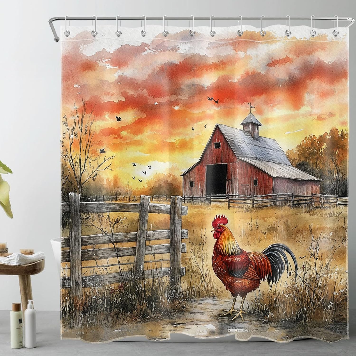 SCECALA Rustic Farm Barn Shower Curtain Red Barn Chicken Wood Fence 70x70 Inch