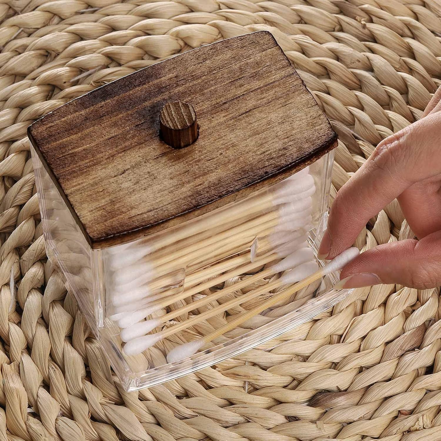 Tbestmax 7 OZ Cotton Swab Holder with Brown Wood Lid