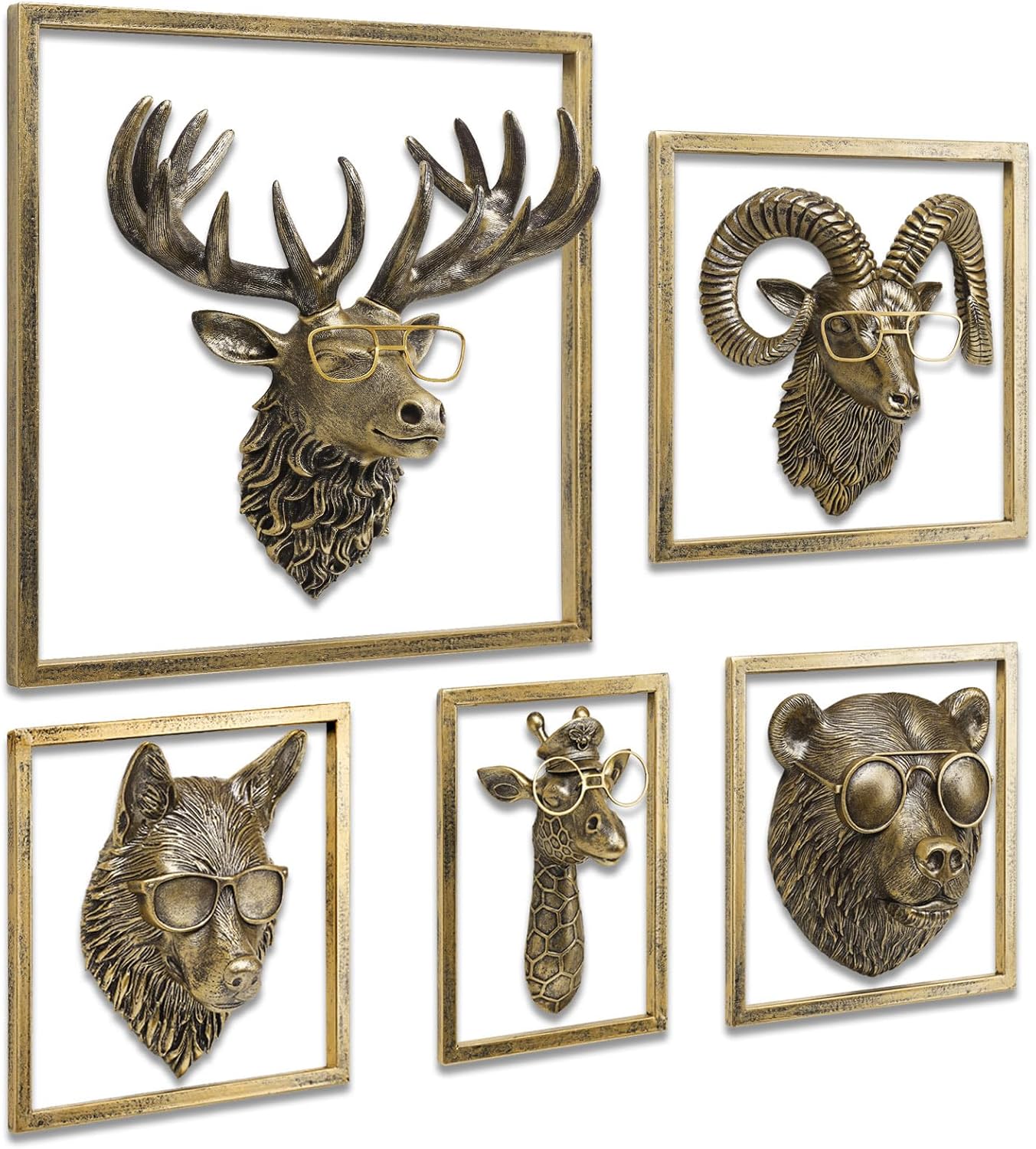 JJALIGHTS 5Pcs Resin Animal Heads Wall Decor with Frame