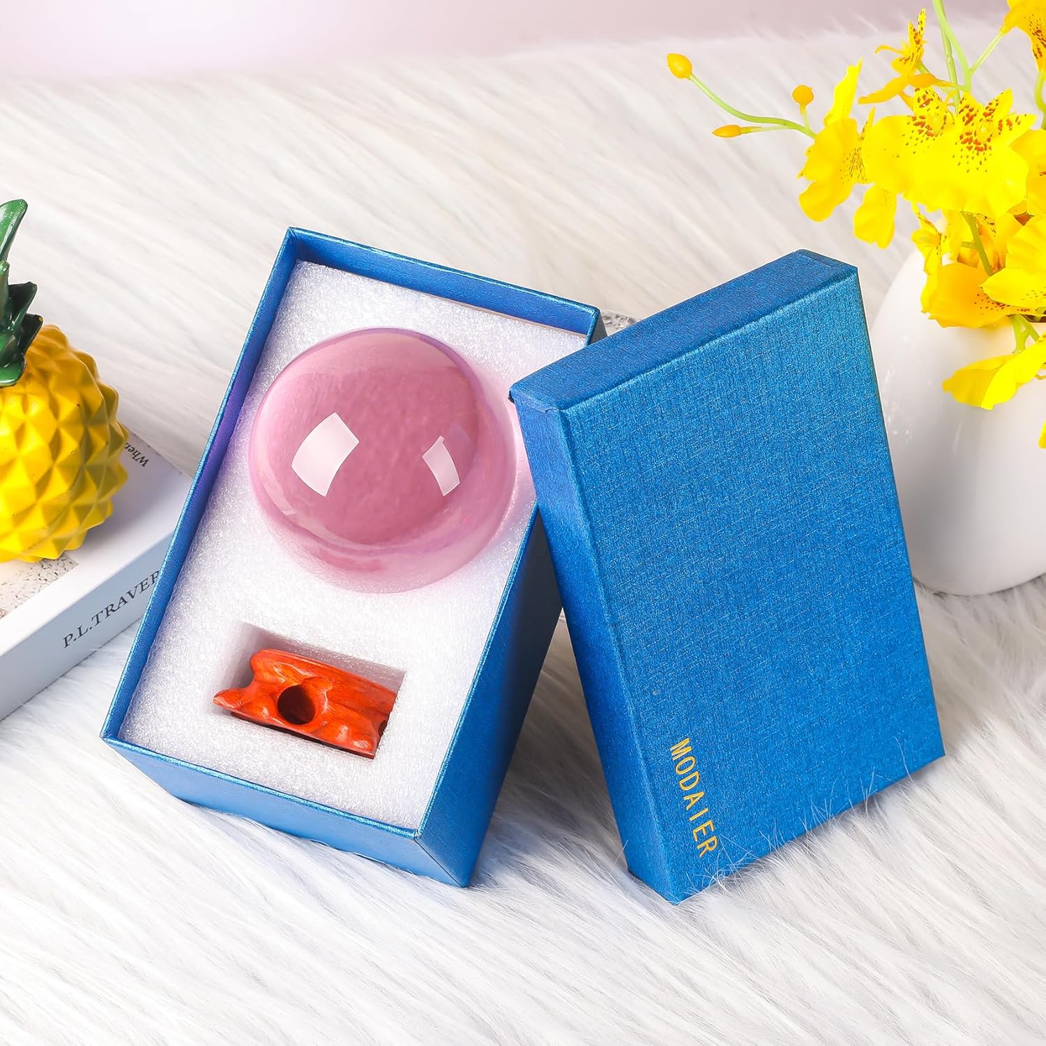 Modaier Pink Crystal Ball 80mm with Rose Stand and Gift Box