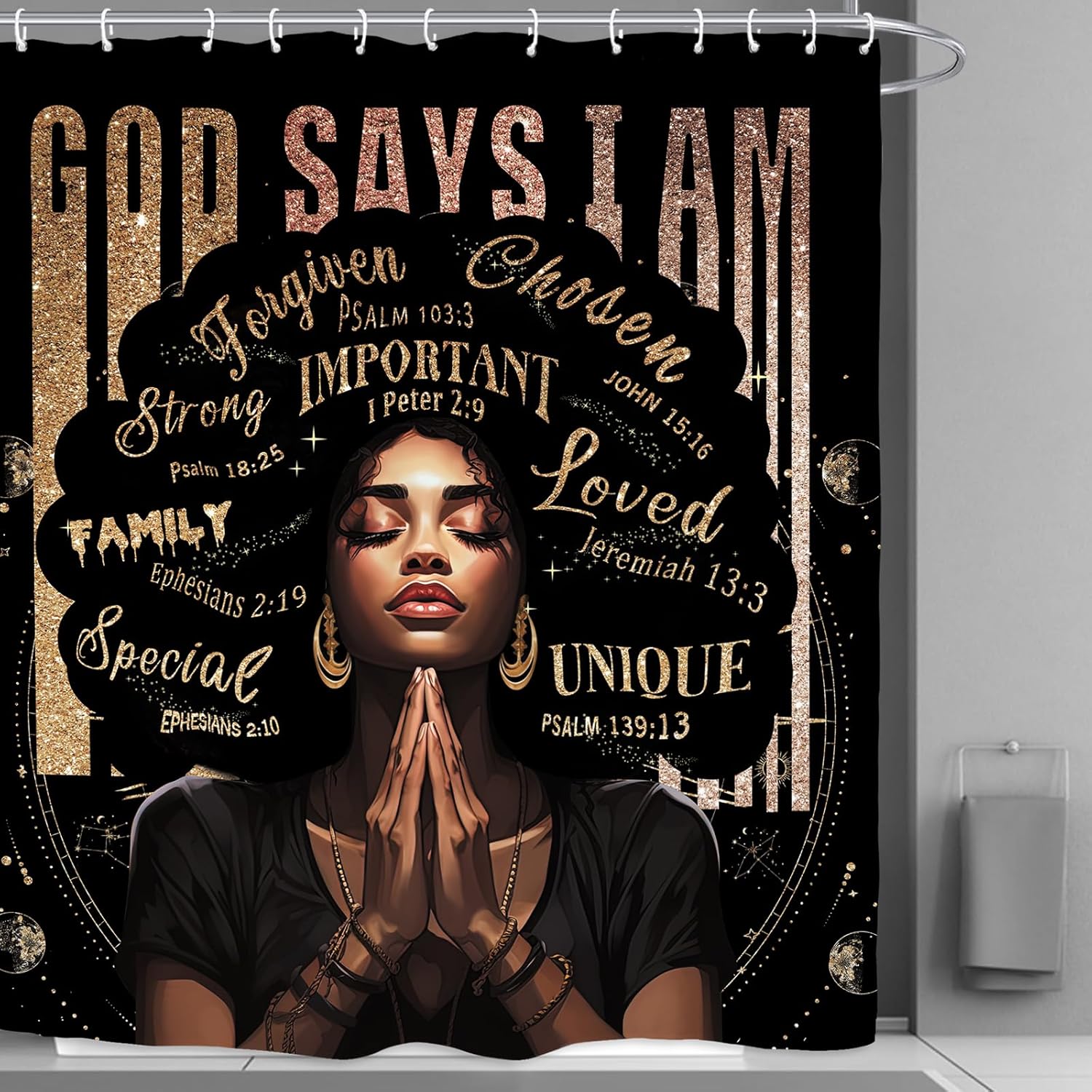 Kalmico African American Shower Curtain Set - Black Bible Quotes Motivational