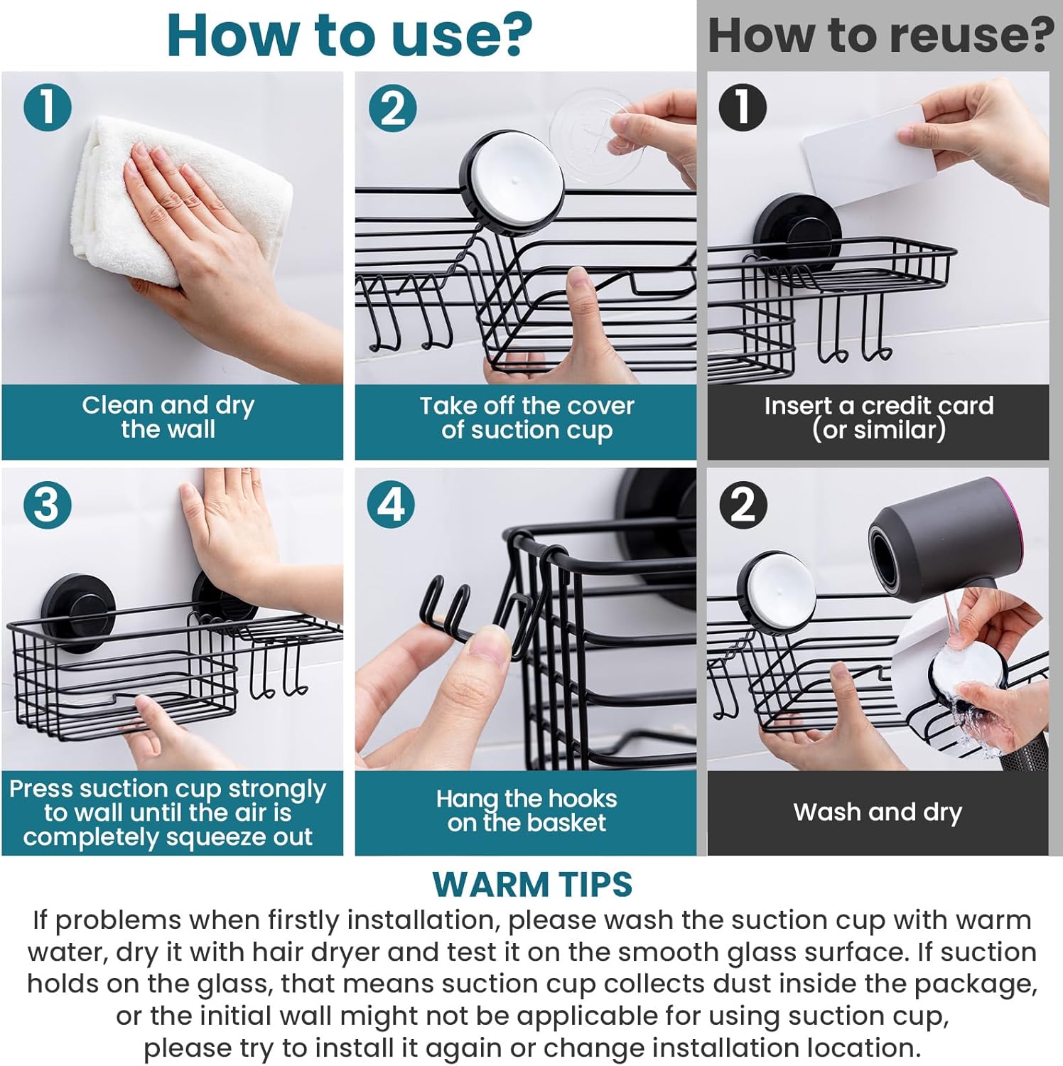 TAILI Heavy Duty Suction Shower Caddy with Hooks and Soap Holder