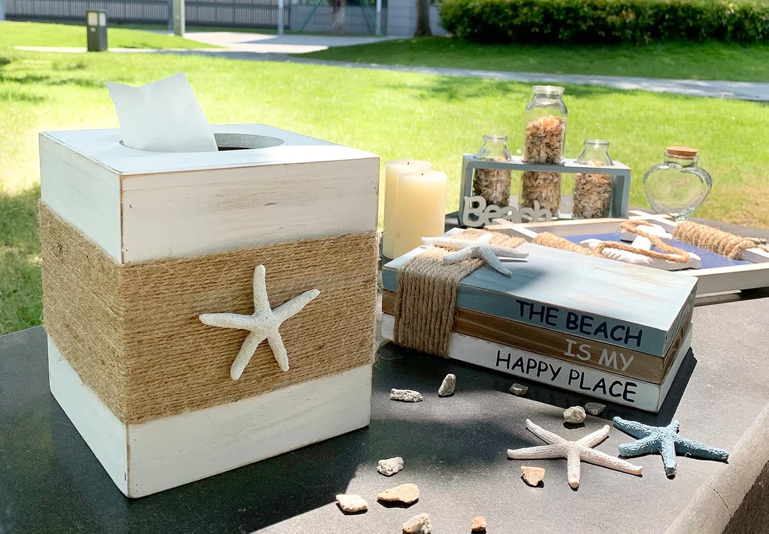 SOMTO Rustic White Wood Tissue Box Cover with Starfish Design