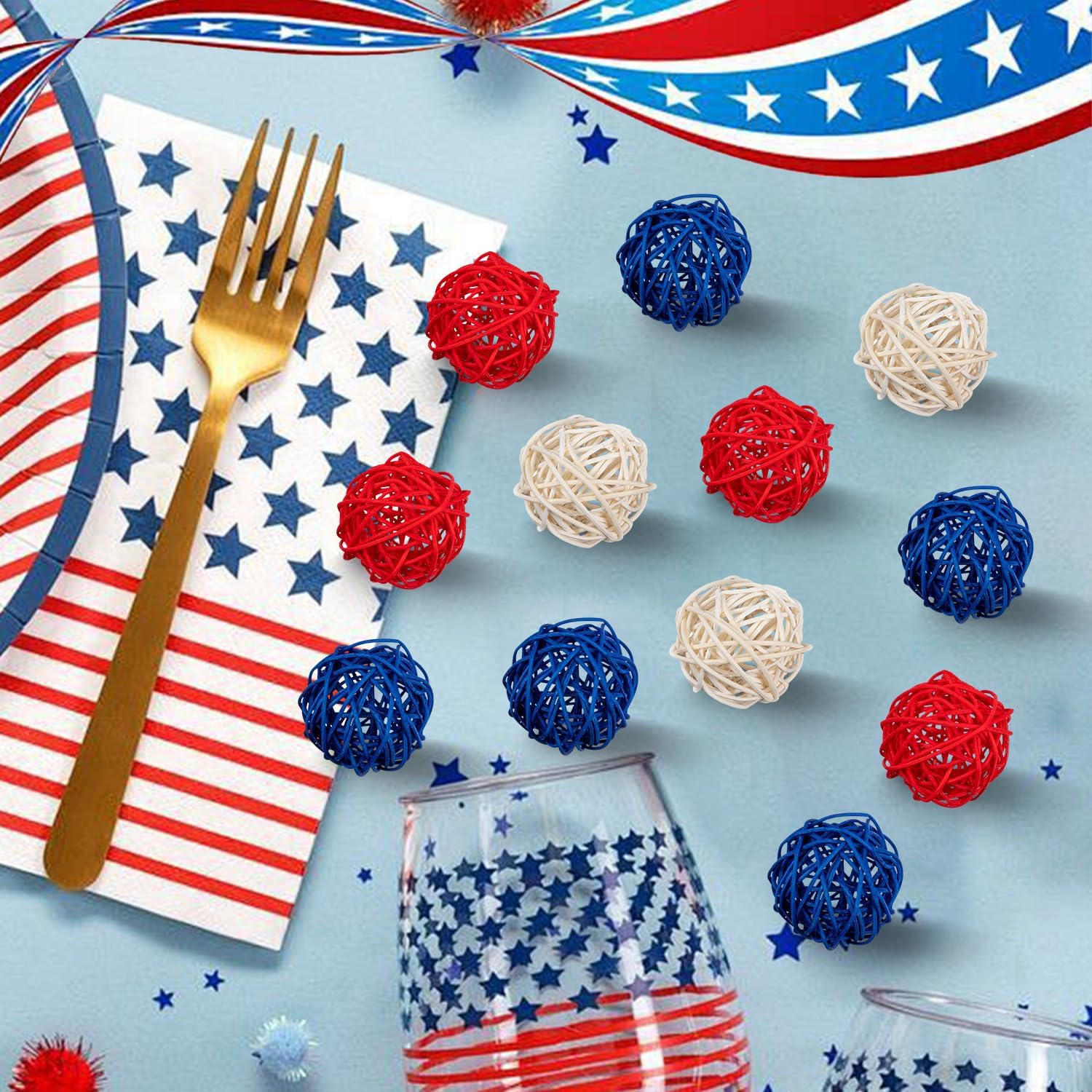 JOYWU 18Pcs 2 Inch Patriotic Rattan Decorative Balls Set for Independence Day Decorations