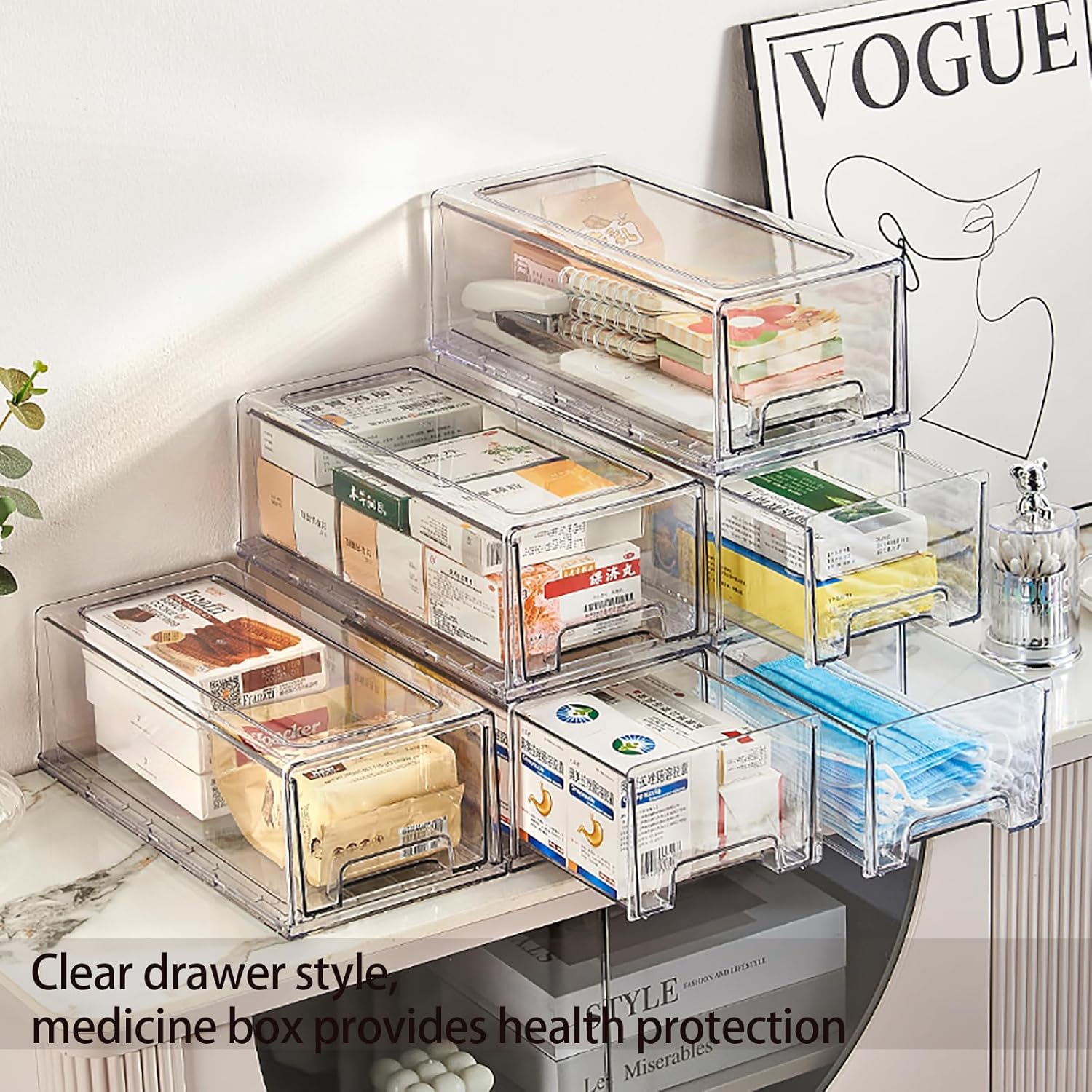 2 Pack Clear Medicine Storage Drawer with Pull Handle