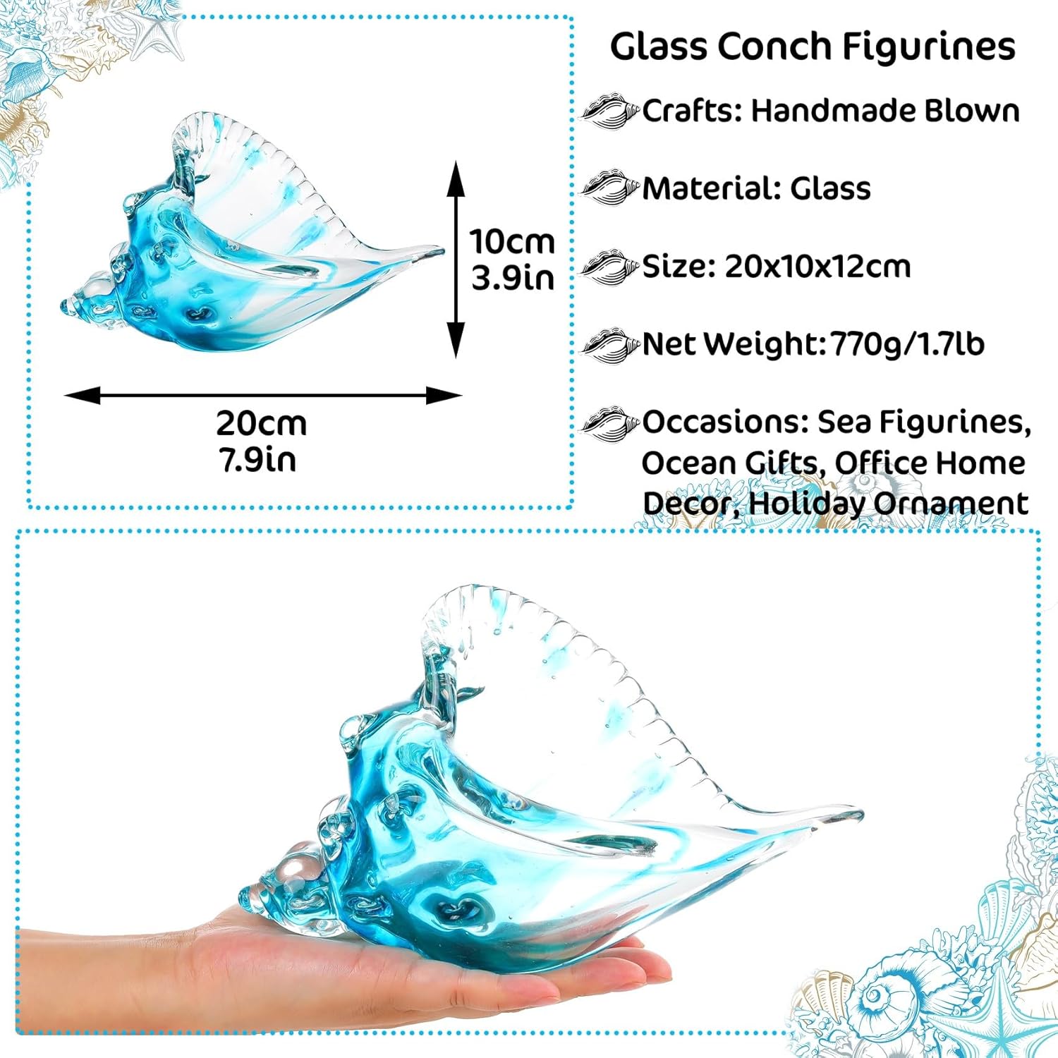 Blue Handmade Blown Glass Conch Statues Sea Decor