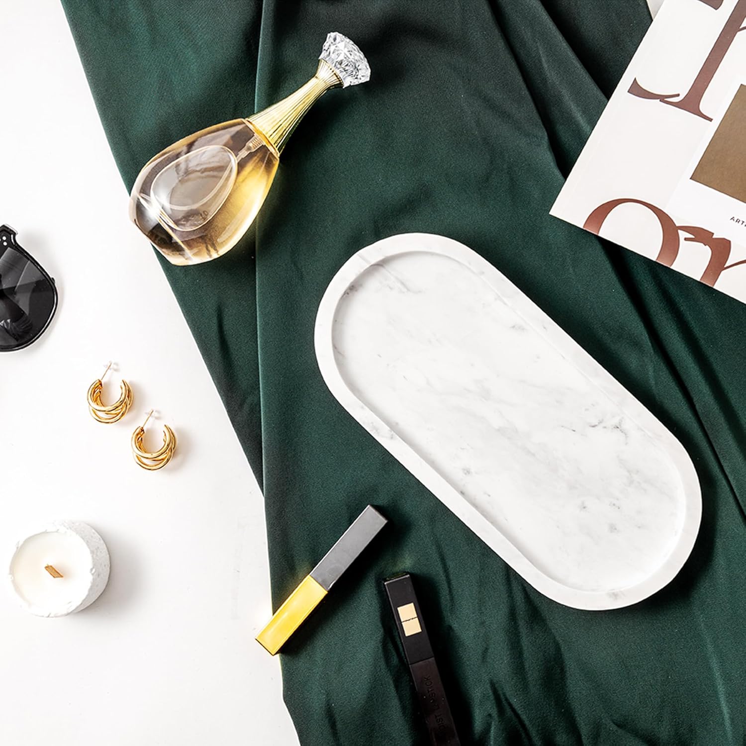 WORHE Natural Marble Vanity Tray for Candles Jewelry