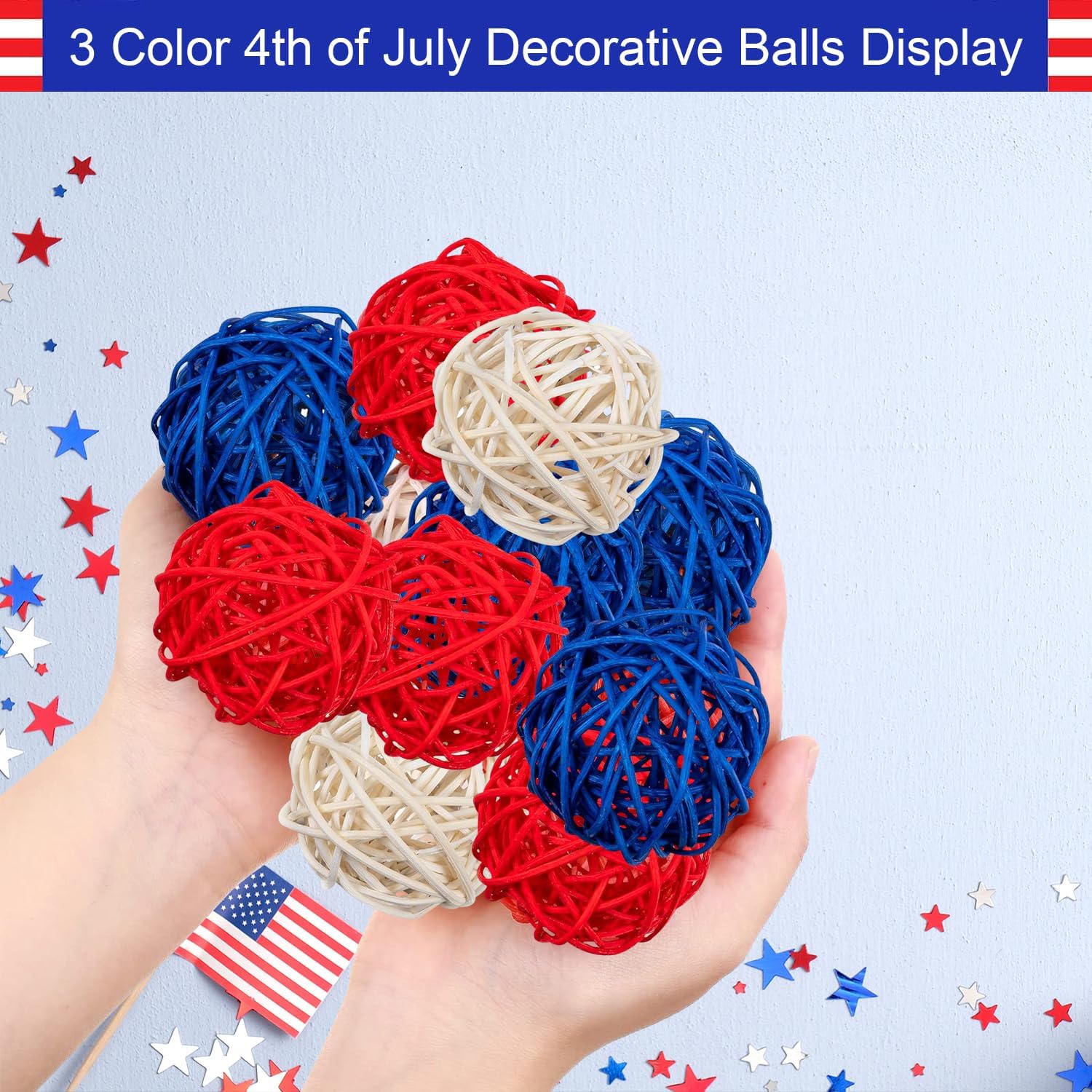 JOYWU 18Pcs 2 Inch Patriotic Rattan Decorative Balls Set for Independence Day Decorations