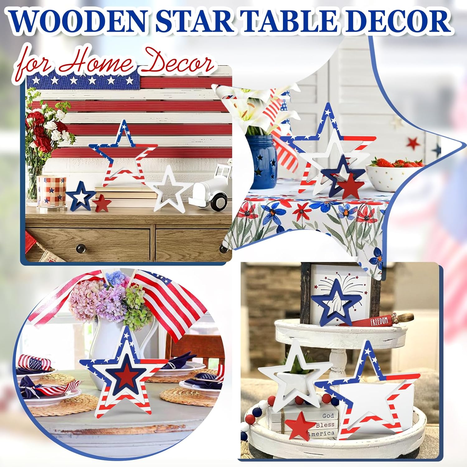 COCHIE Patriotic Wood Stars 4th of July Decor Set
