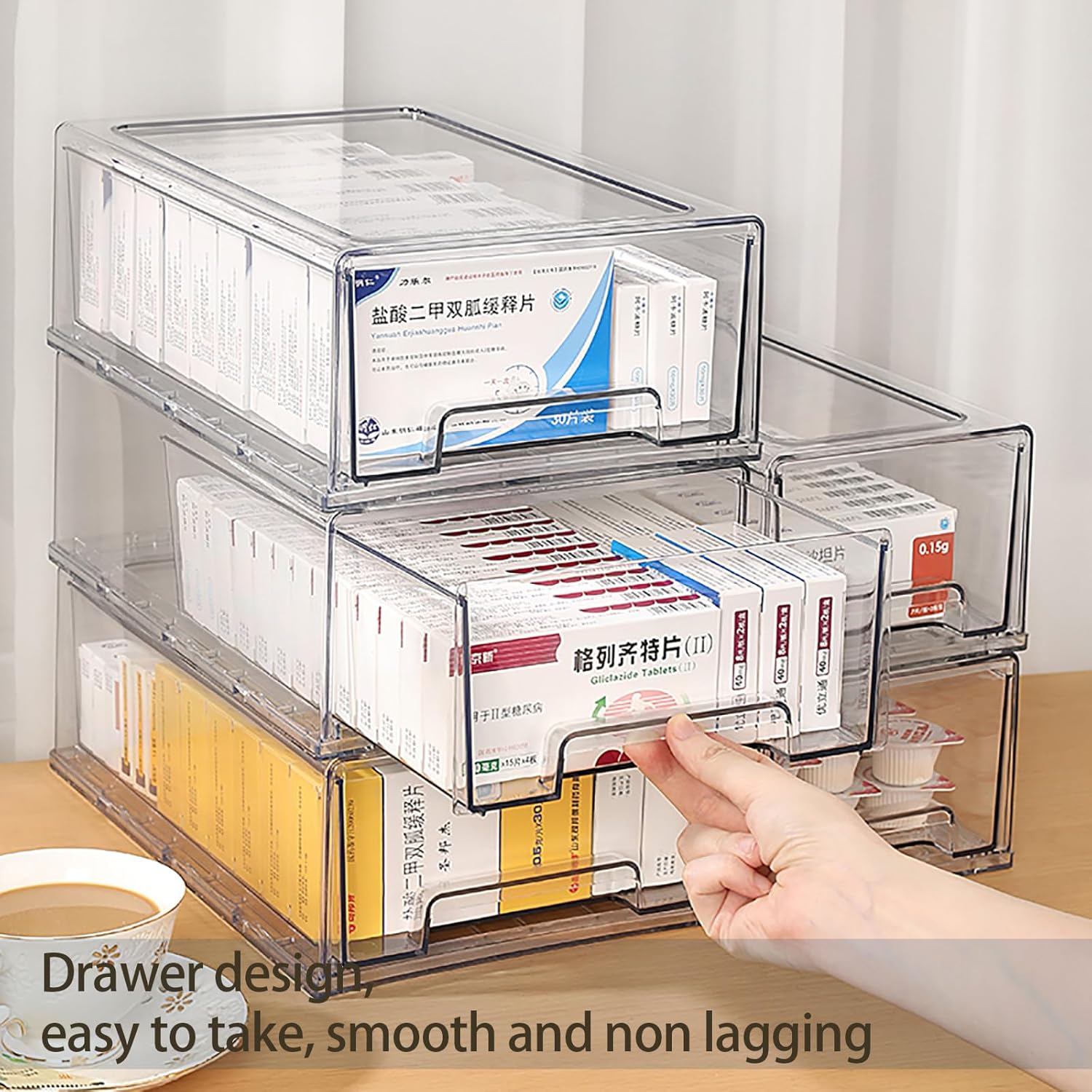 2 Pack Clear Medicine Storage Drawer with Pull Handle