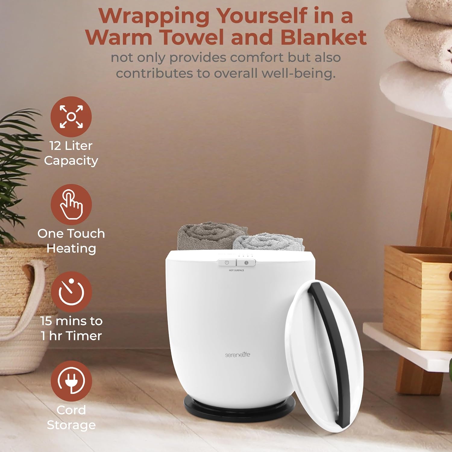 SereneLife Counter Towel Warmer with Custom Fragrance - 12L Bucket Auto Shut Off Fits Large Towels Bathrobes