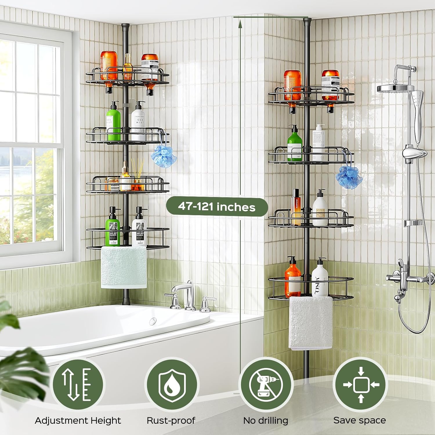 HAMITOR Corner Shower Caddy Tension Pole - 4-Tier Adjustable Rust-Resistant Organizer