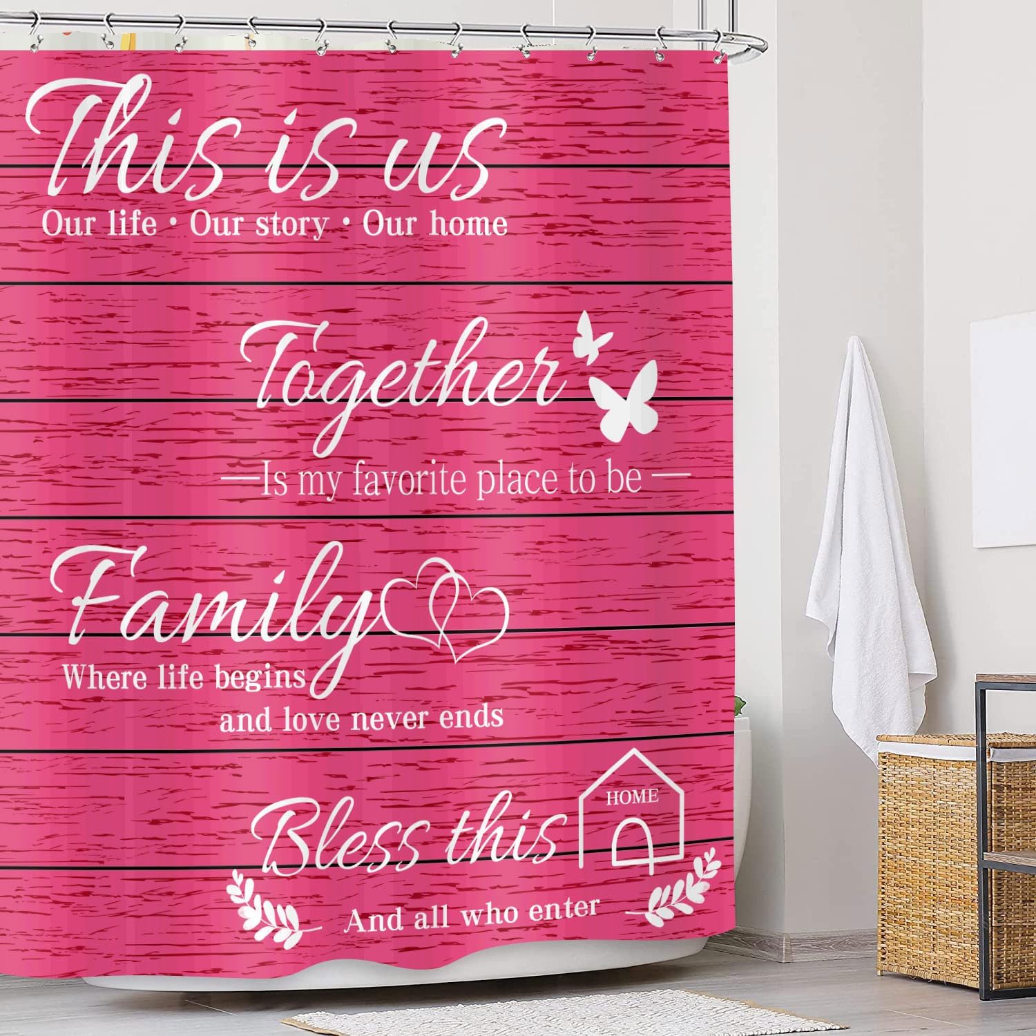 JAWO Family Shower Curtain Set - Pink Wood Design with 12 Hooks