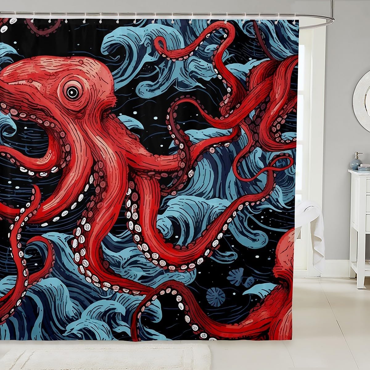 Feelyou Red Octopus Tentacles Bath Curtain Set for Kids 1