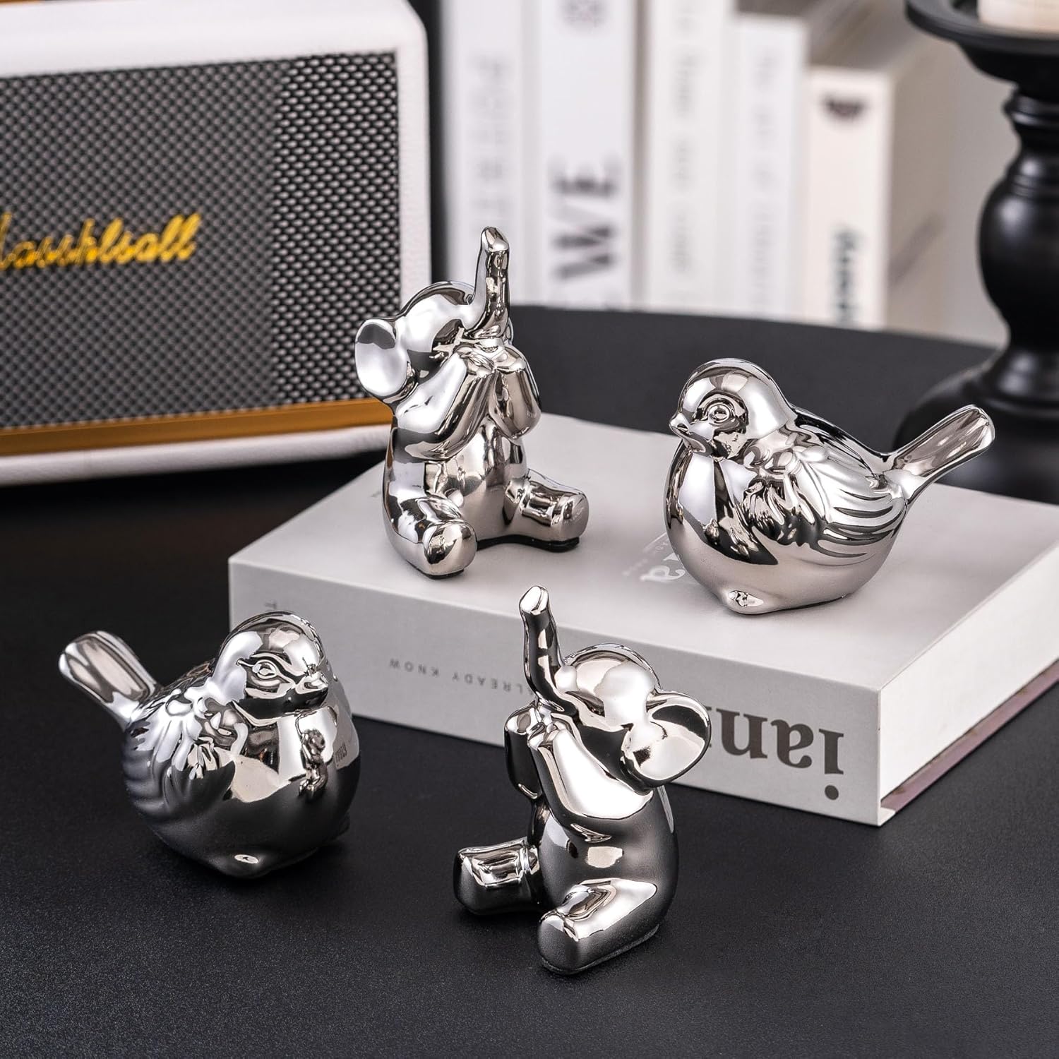 Loving Pair of Small Silver Elephant Statues
