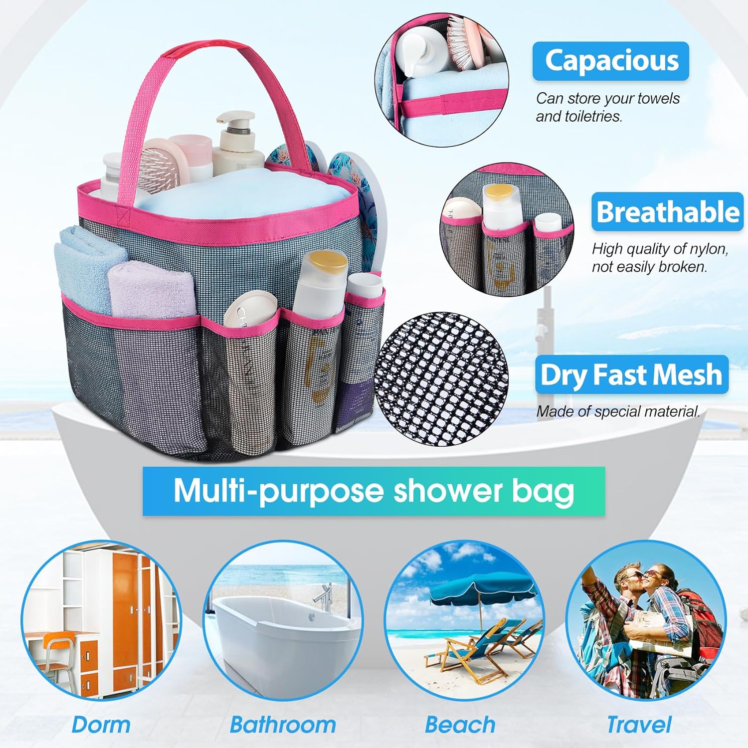 Attmu Mesh Shower Caddy with 8 Pockets for Dorm Room and Travel