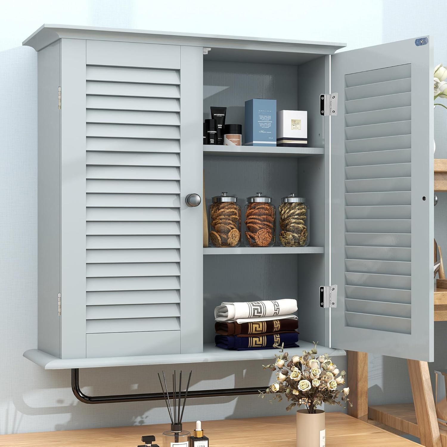TaoHFE Wall Mounted Medicine Cabinet with Double Shutter Doors and Towel Rack