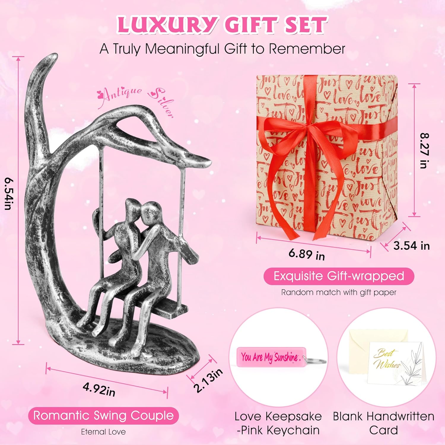Romantic Couple Statue with Silver Finish Iron Sculpture Pink Love Keepsake Gift Set