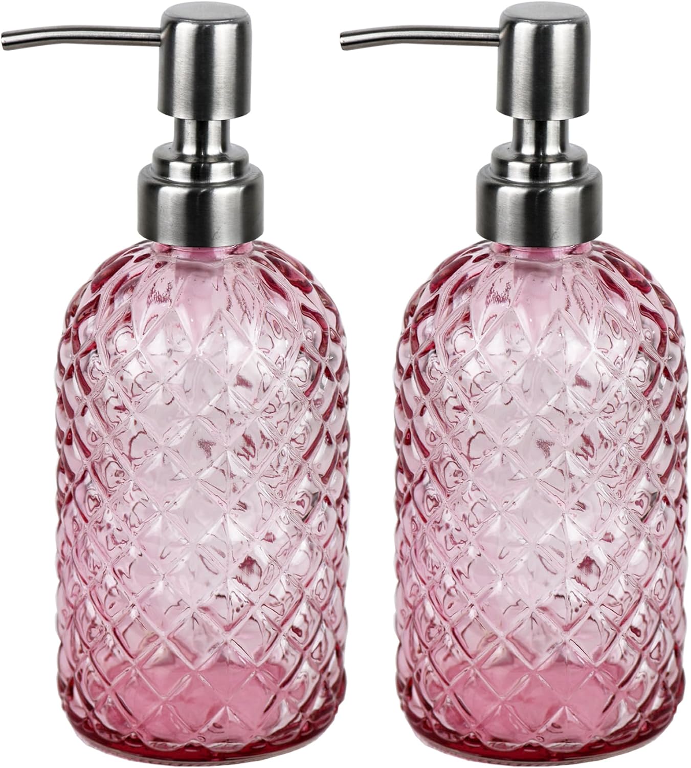 Elegant Glass Soap Dispenser with Stainless Steel Pump Pink-2pack