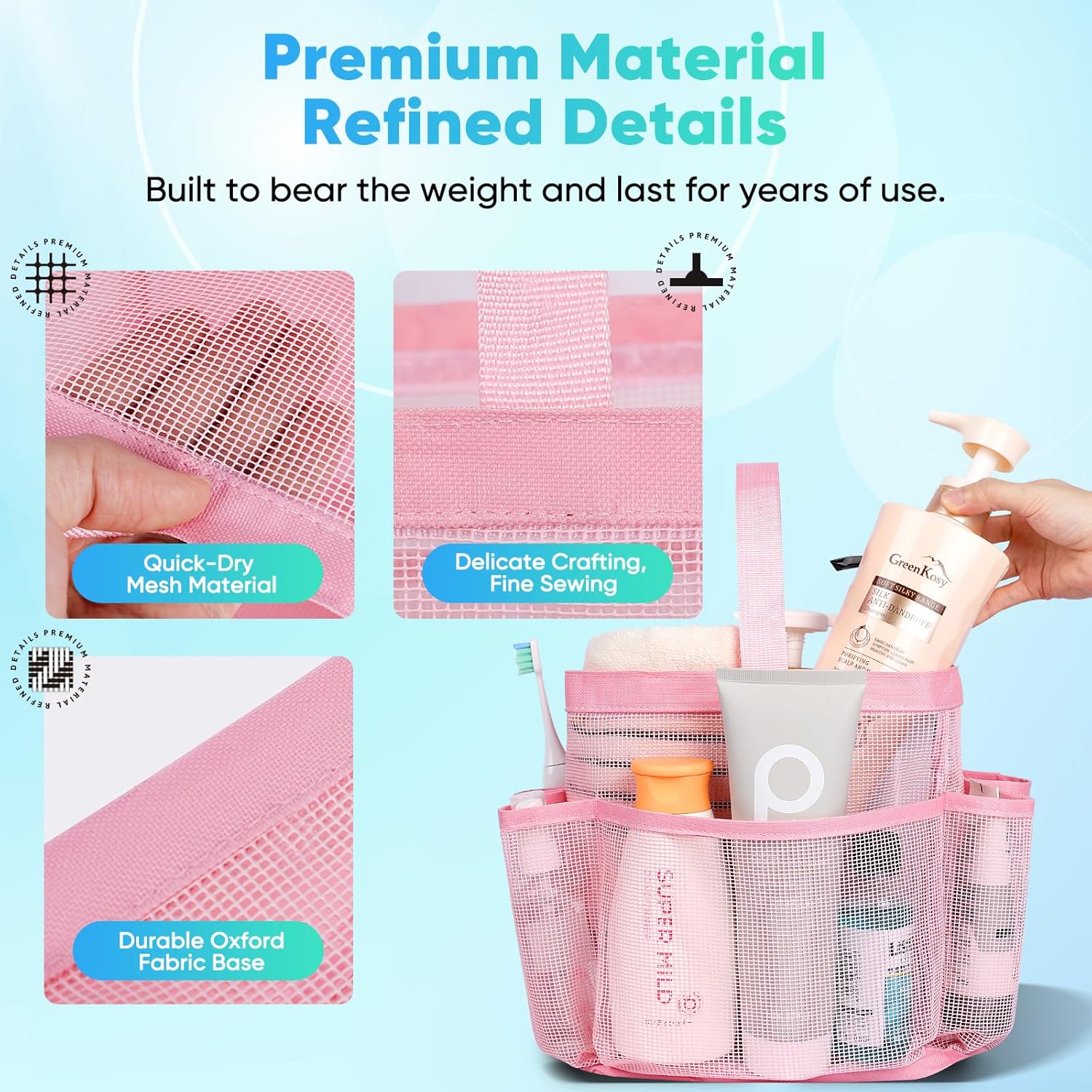 EUDELE Portable Shower Caddy with 8-Pocket Large Capacity - Pink