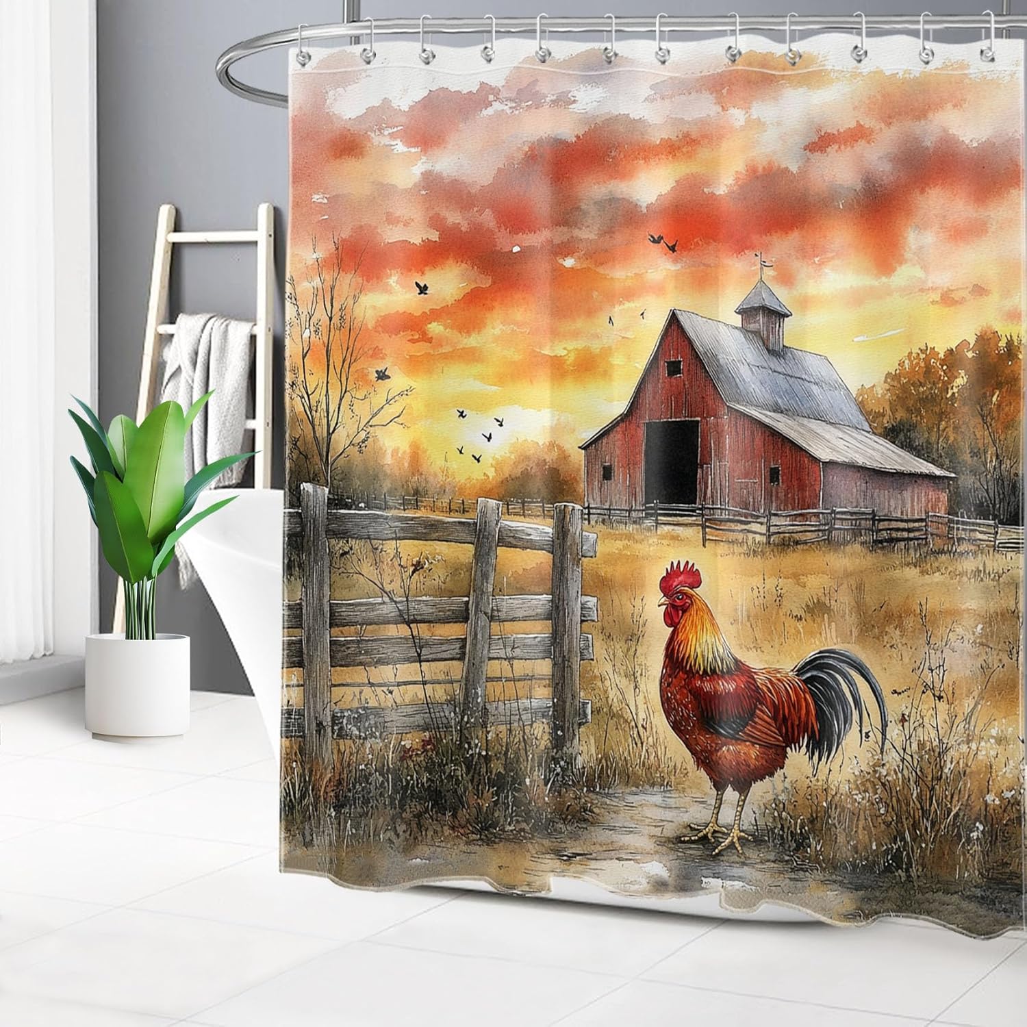 SCECALA Rustic Farm Barn Shower Curtain Red Barn Chicken Wood Fence 70x70 Inch