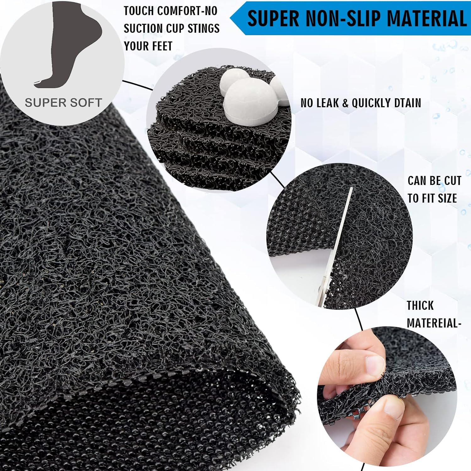 Non-Slip Bathtub Mat 157x36 Inch PVC Loofah Quick Drying Black