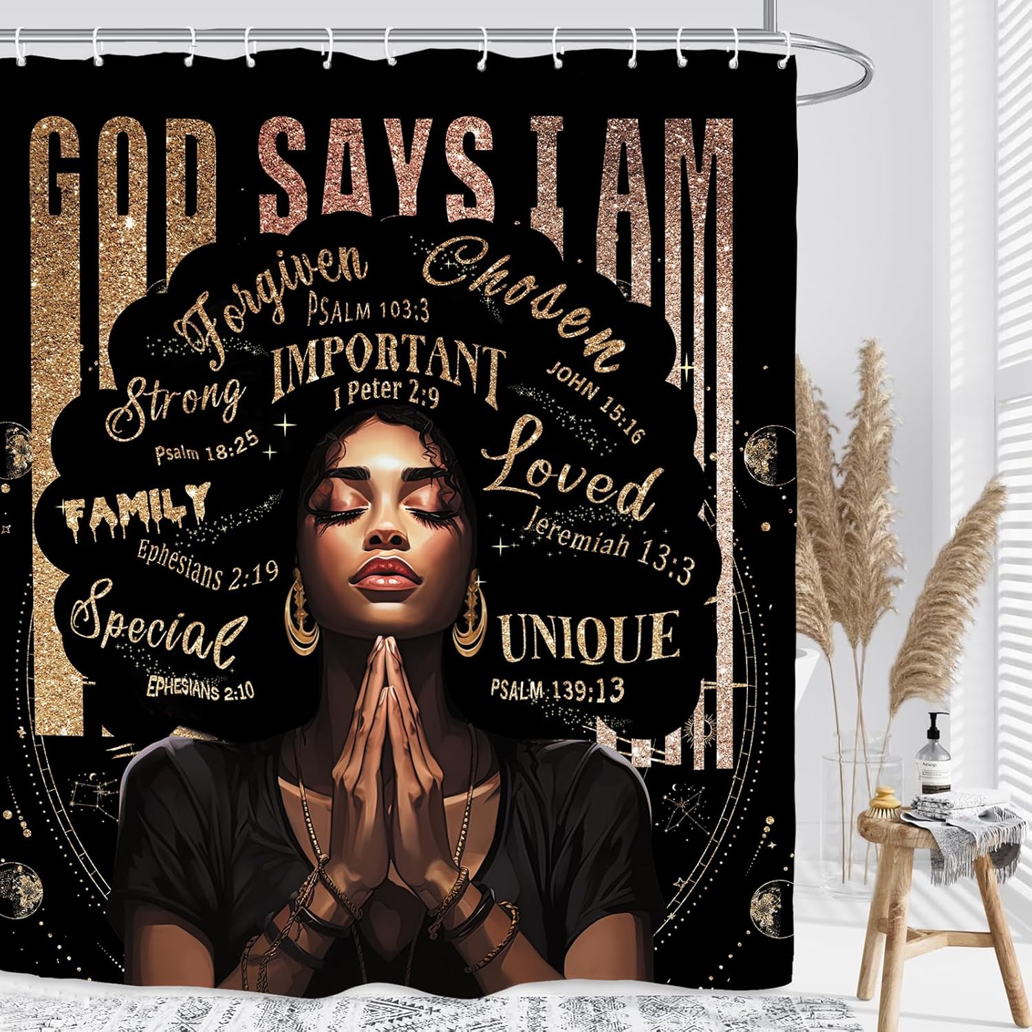 Kalmico African American Shower Curtain Set - Black Bible Quotes Motivational