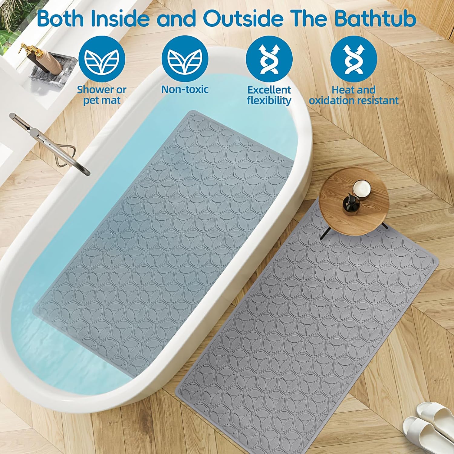 WRISIN Non-Slip Bathtub Mat with Suction Cups - 17x35 Inch Gray