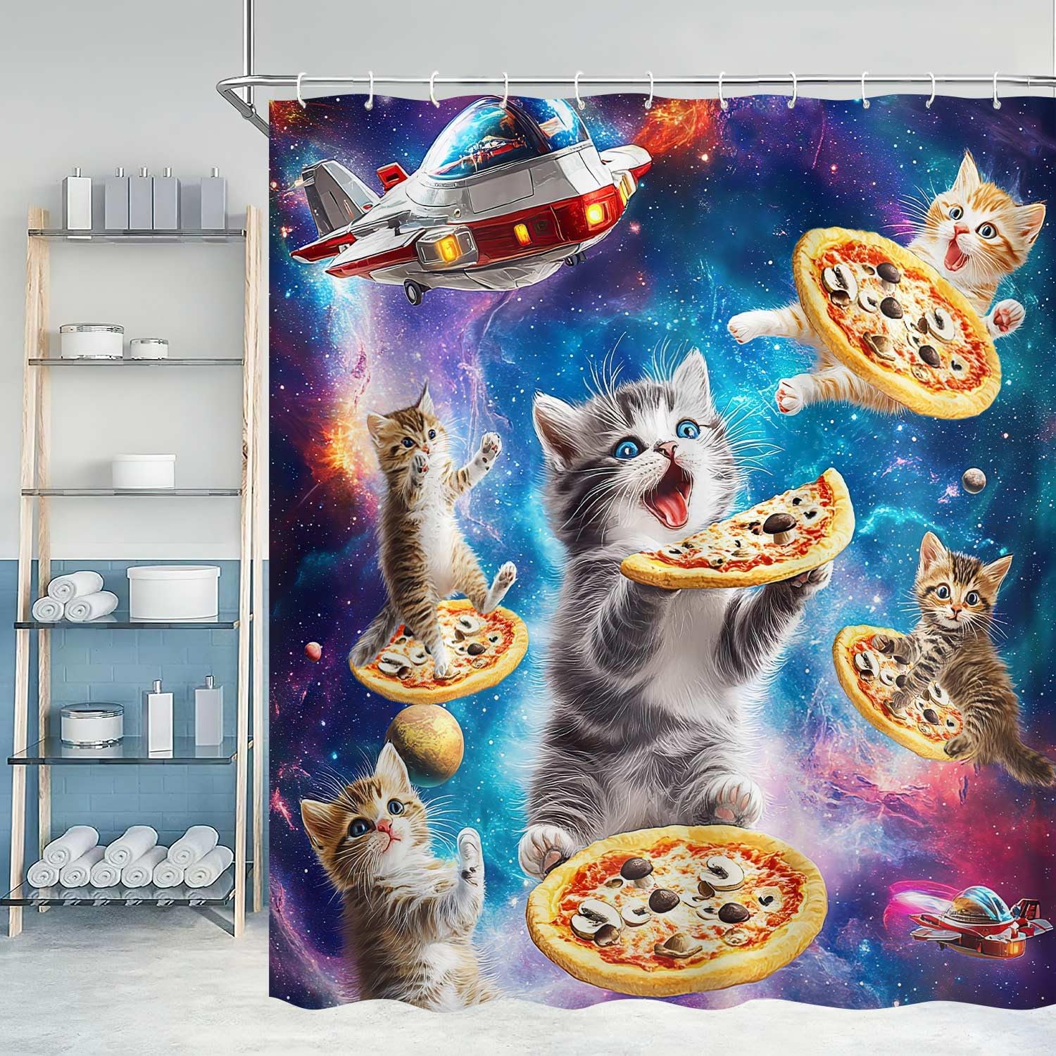 Funny Galaxy Space Cat Pizza Shower Curtain 72x72