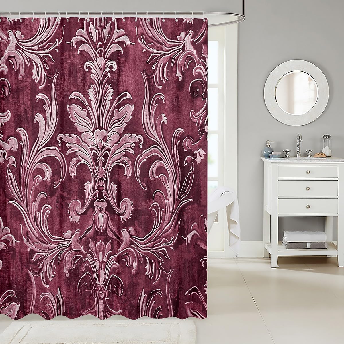Jejeloiu Red Damask Shower Curtain Set