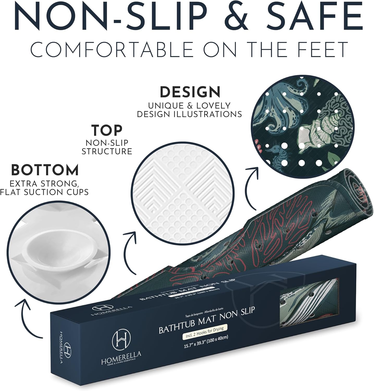 Homerella Anti-Slip Bathtub Mat 40x16 Inch